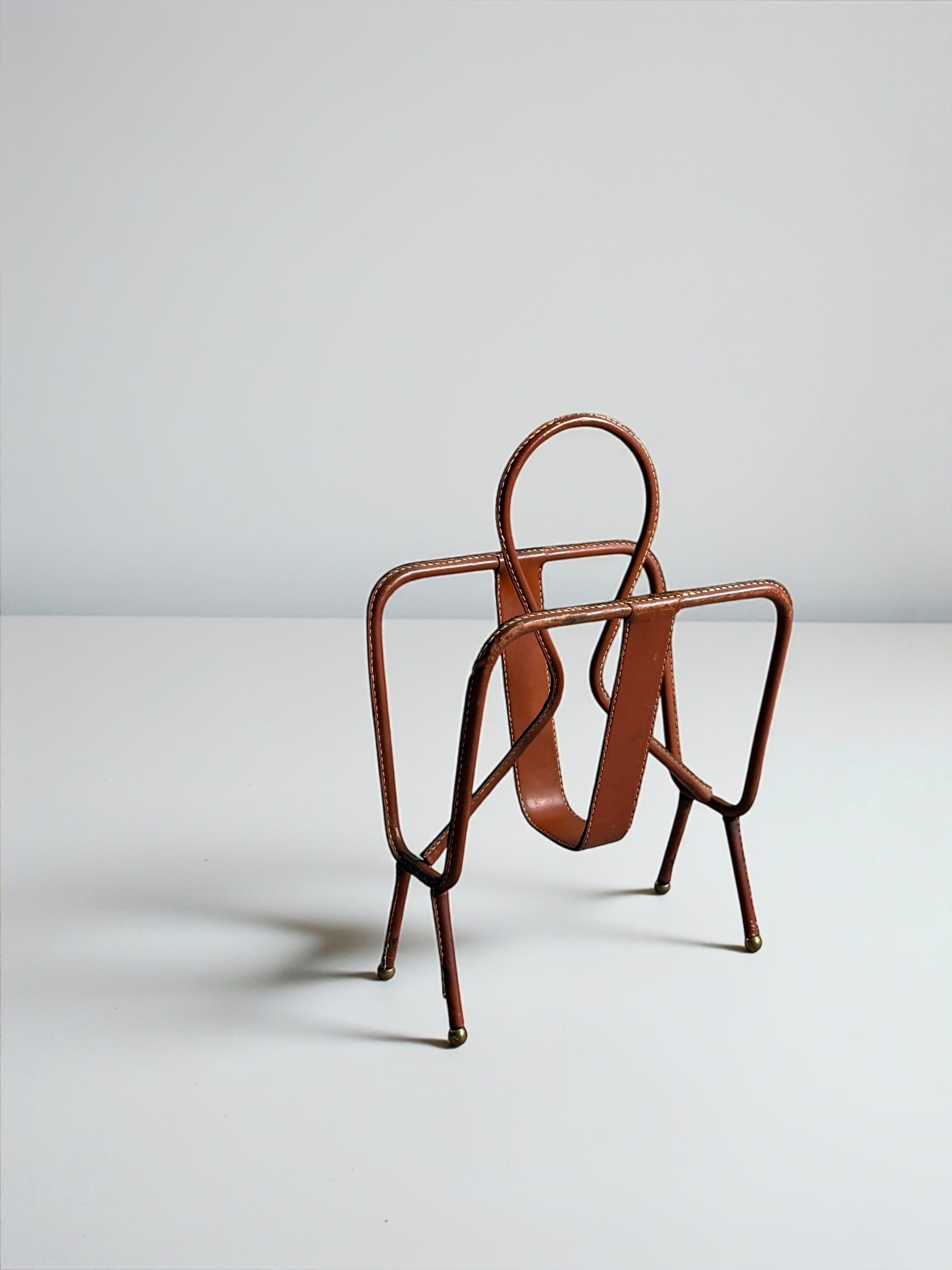 Leather Stitched Magazine Rack by Jacques Adnet, France 1950s