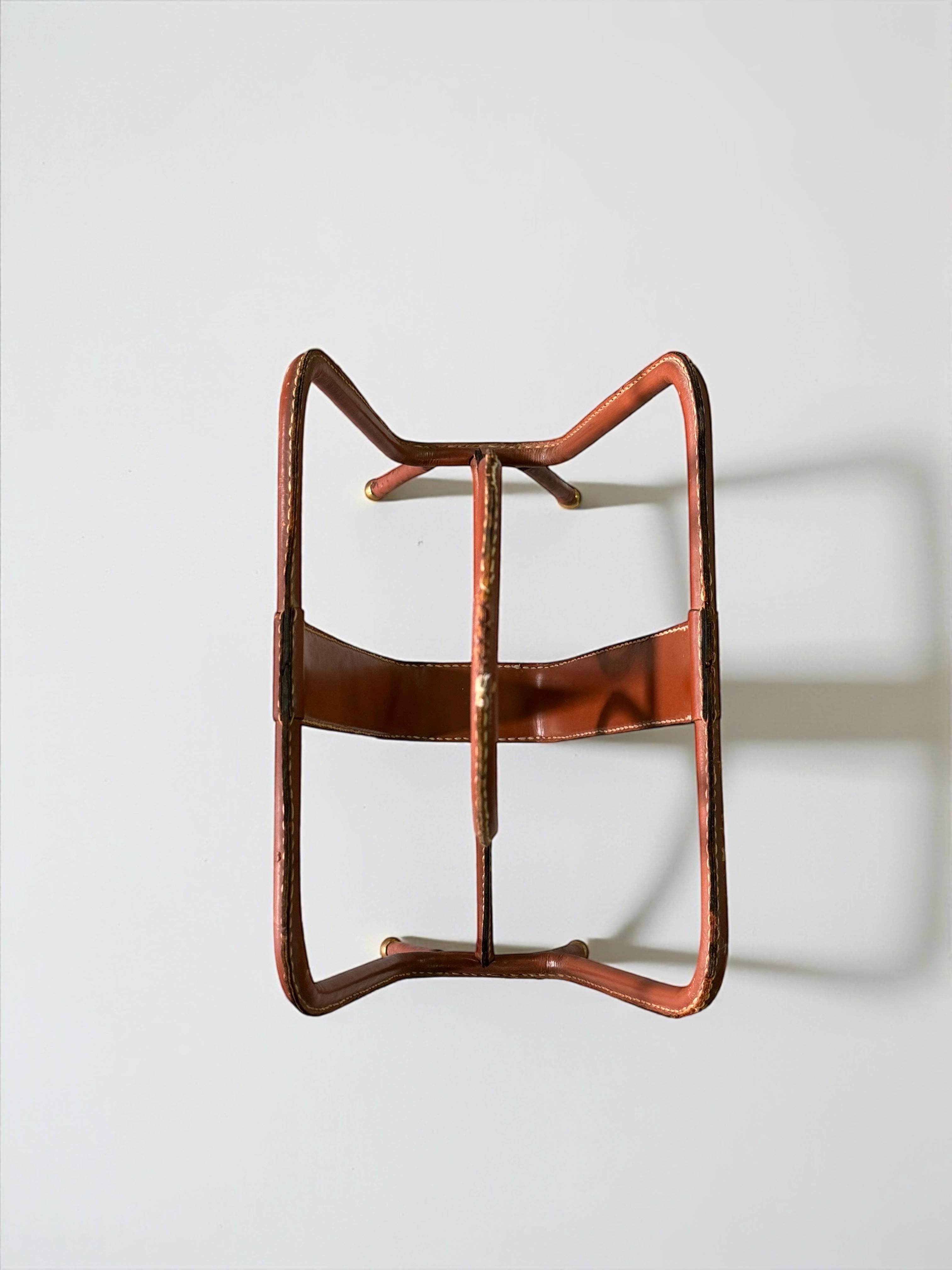 Leather Stitched Magazine Rack by Jacques Adnet, France 1950s