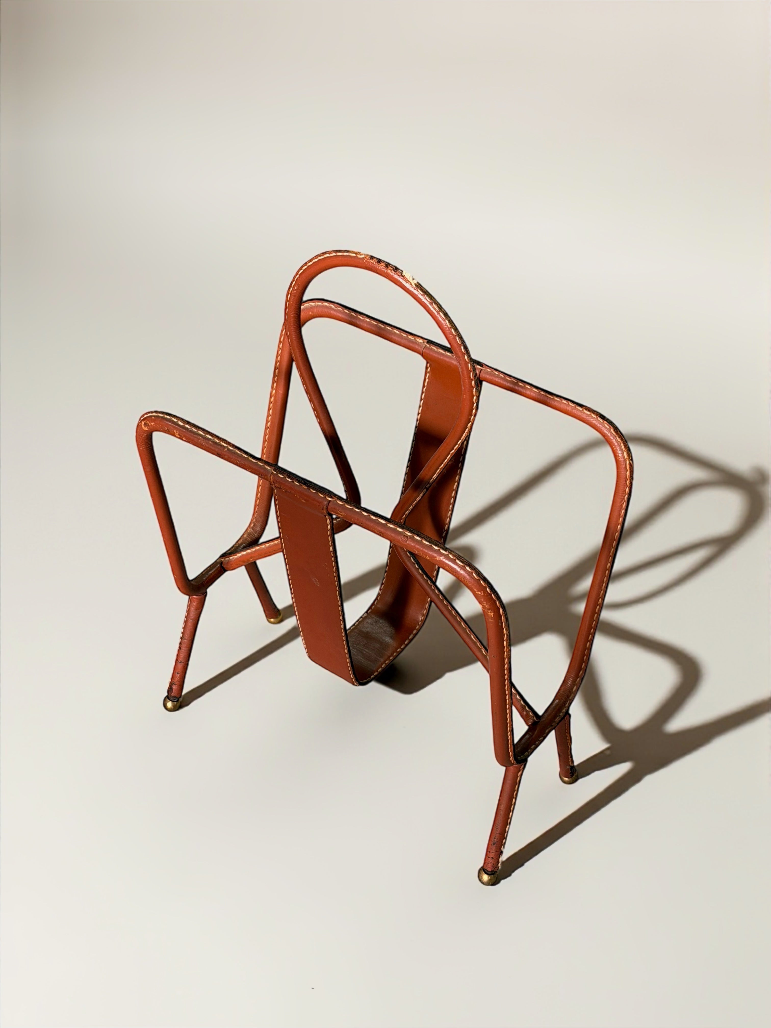 Leather Stitched Magazine Rack by Jacques Adnet, France 1950s