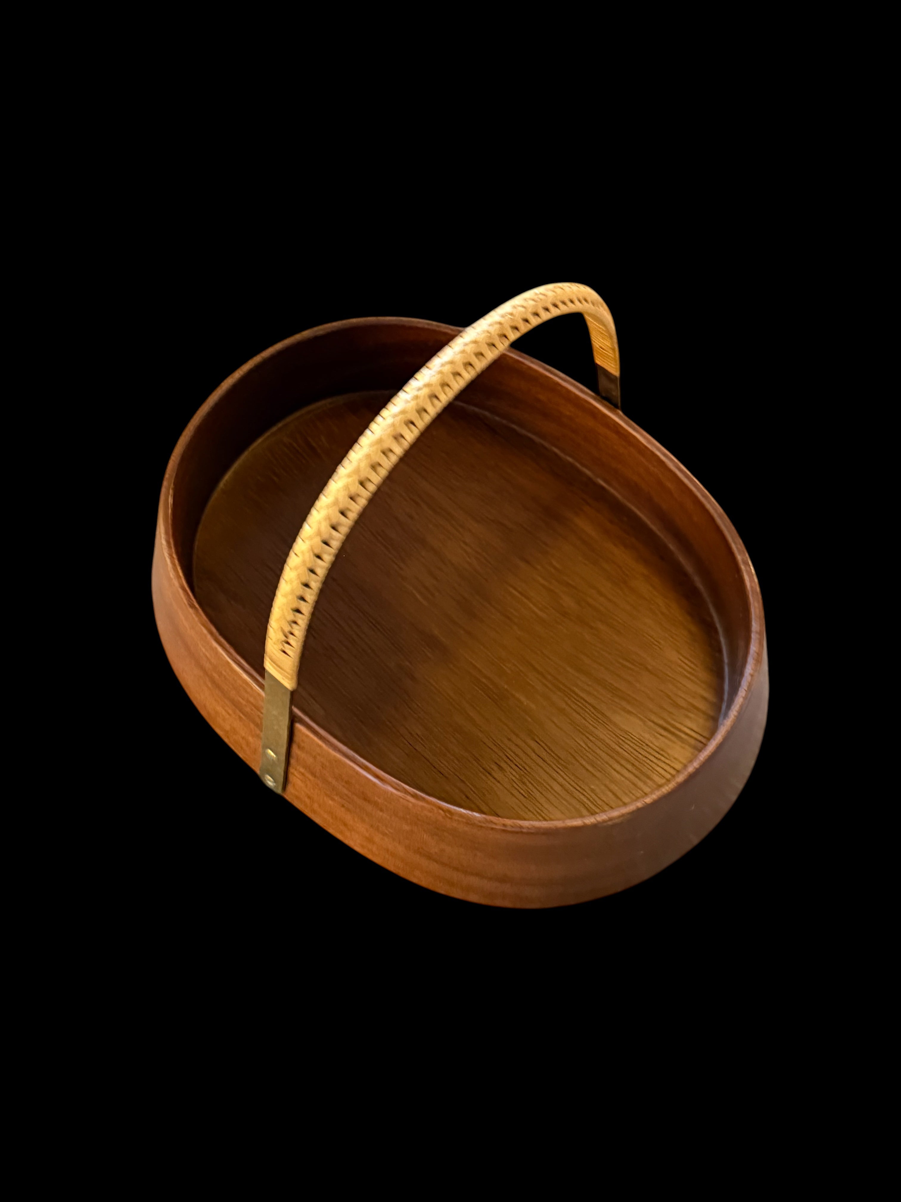 Large Teak Bowl with Brass and Rattan Handle by Carl Auböck, Austria, 1950s
