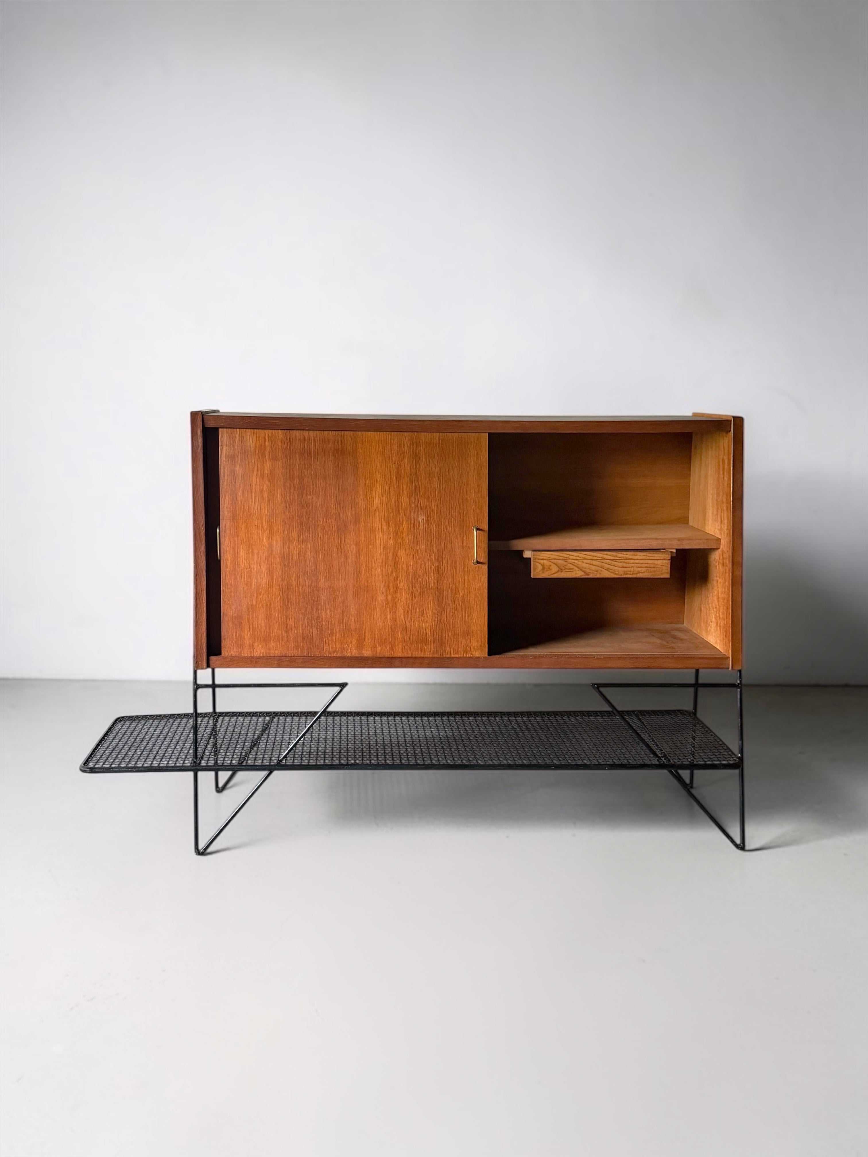 Cabinet in oak and black metal by Jacques Hitier for Tubauto, France 1950s