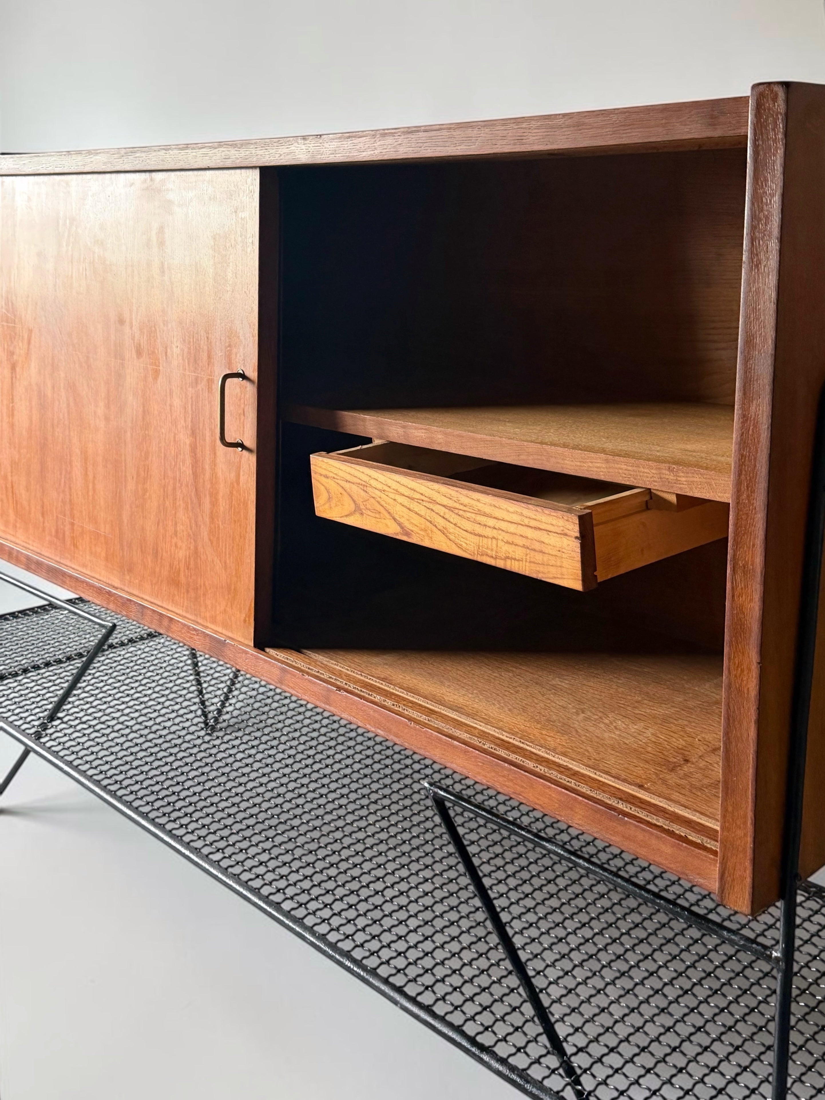 Cabinet in oak and black metal by Jacques Hitier for Tubauto, France 1950s