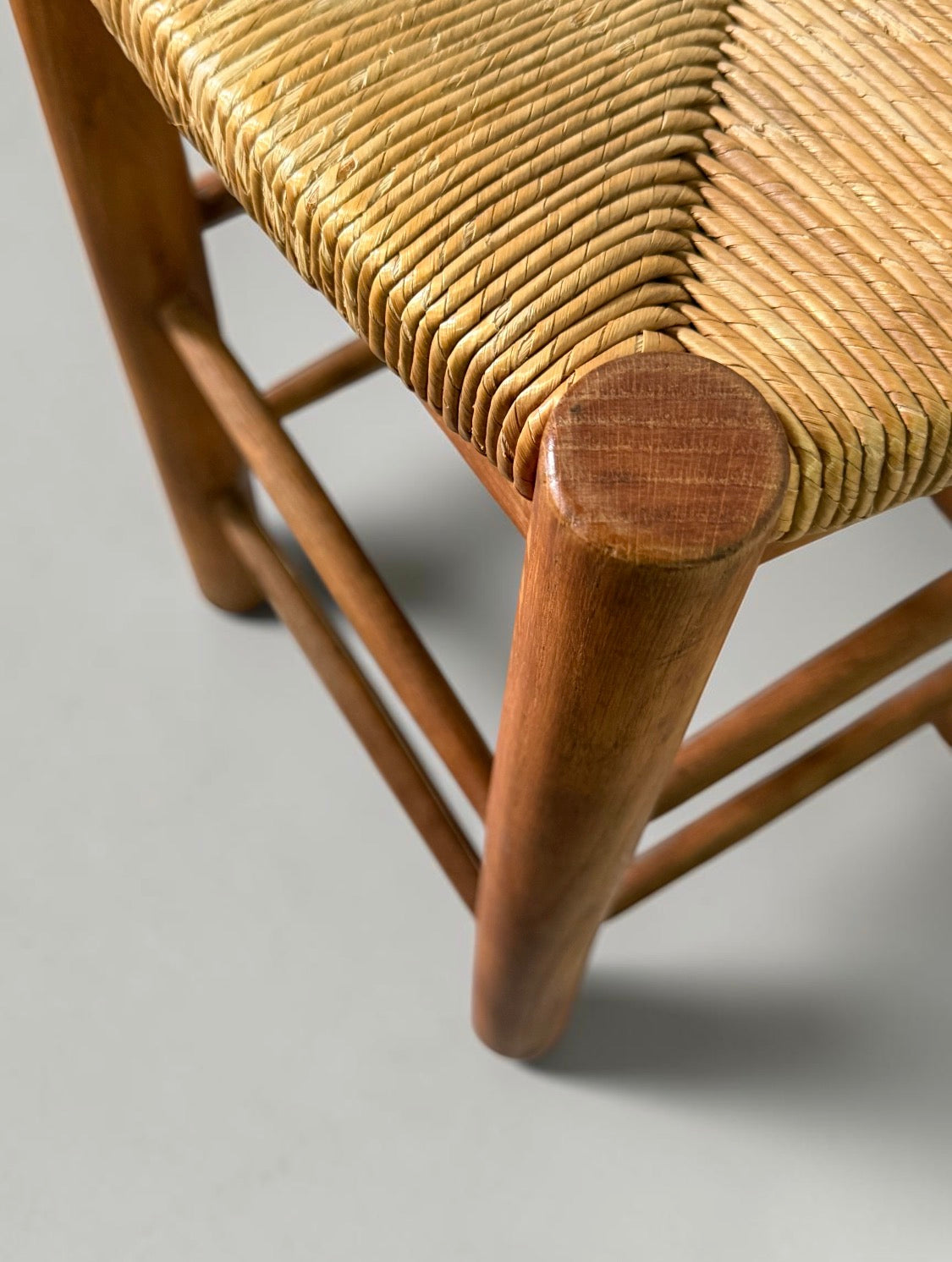 French Brutalist Wooden Stool with Handwoven Rush Seat, 1950s