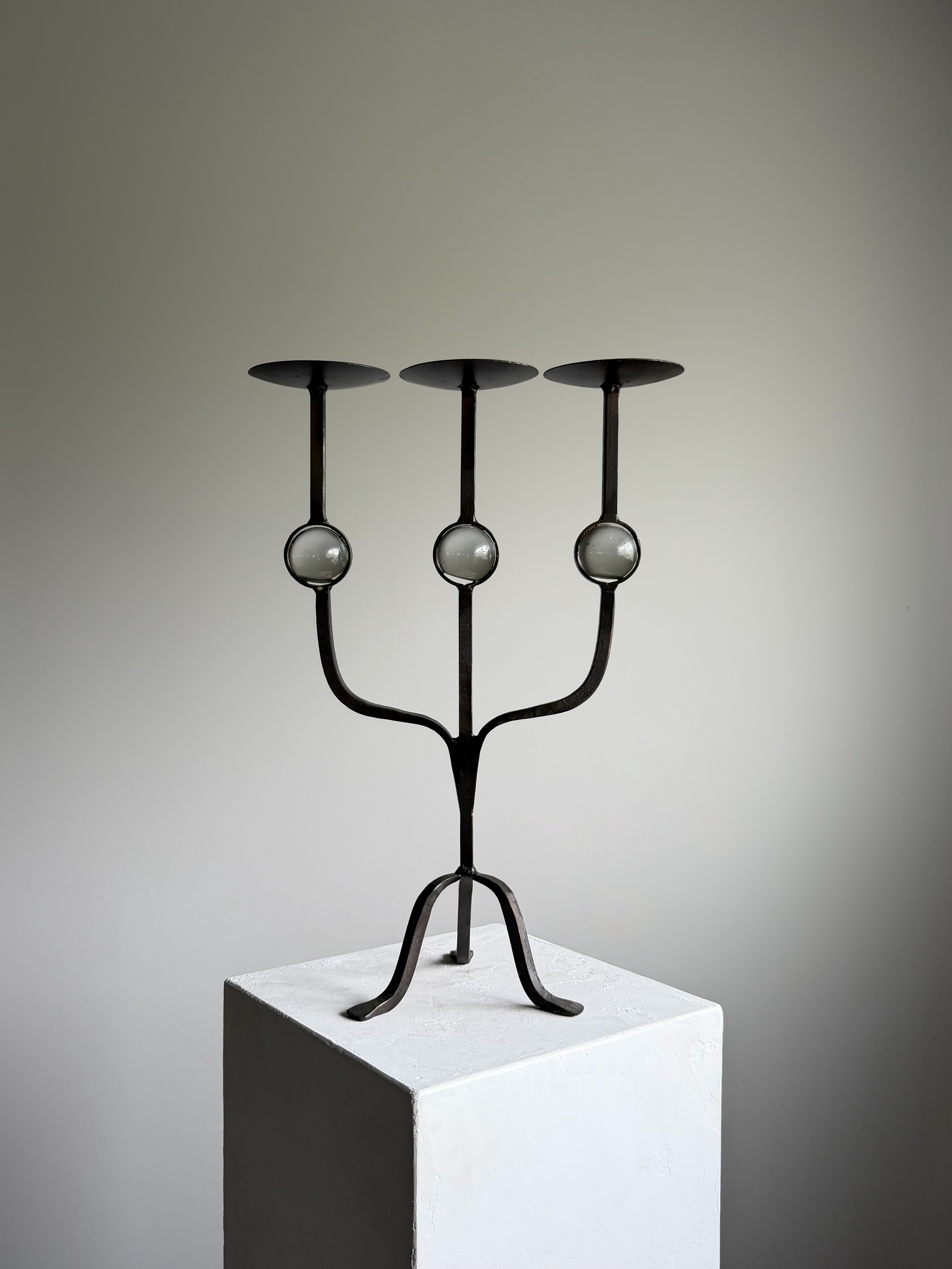 Three-Arm Wrought Iron Candle Holder with Glass Accents, 1950s　