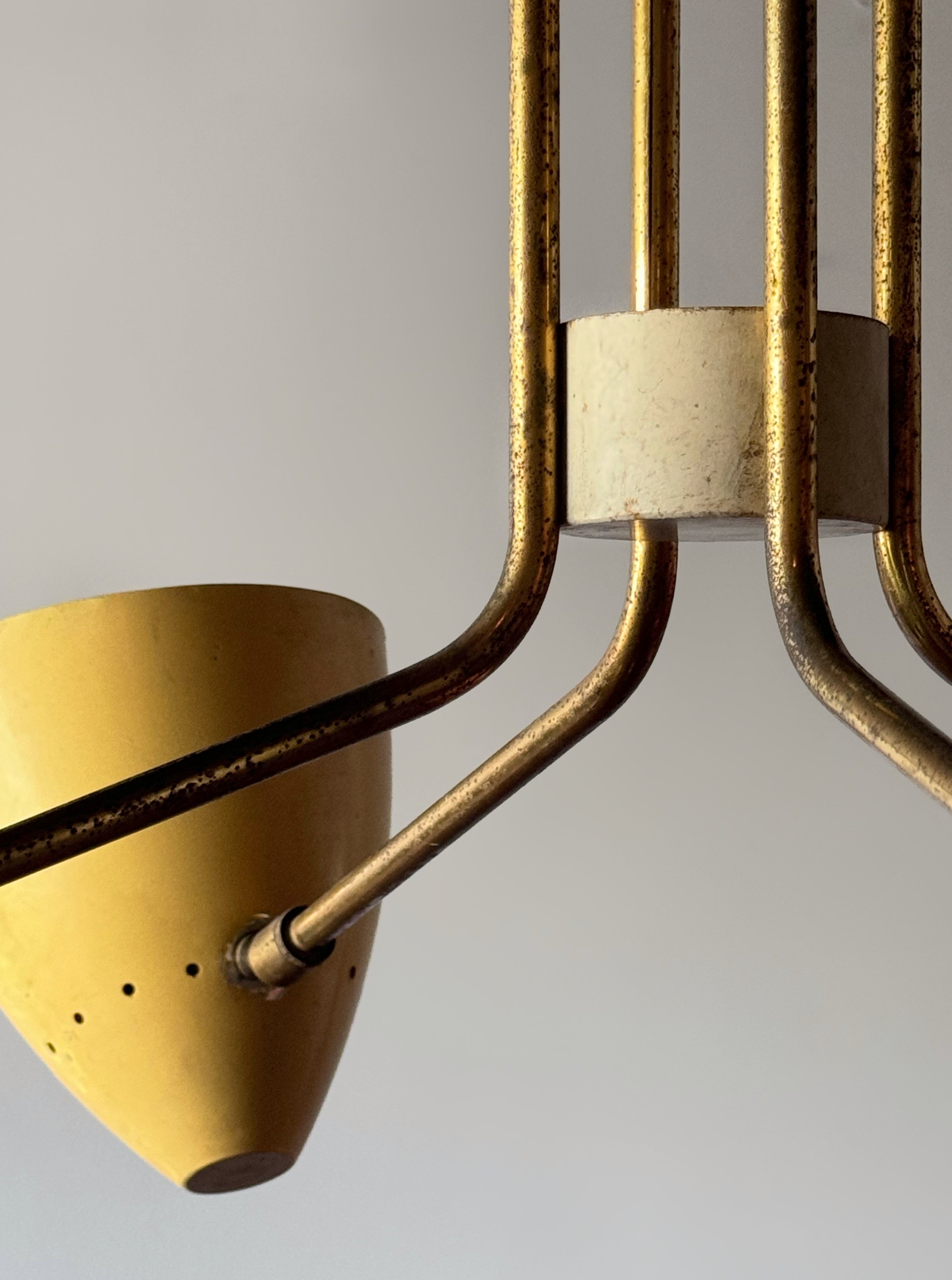 Italian Brass Chandelier with four Colorful Shades, 1950s　　