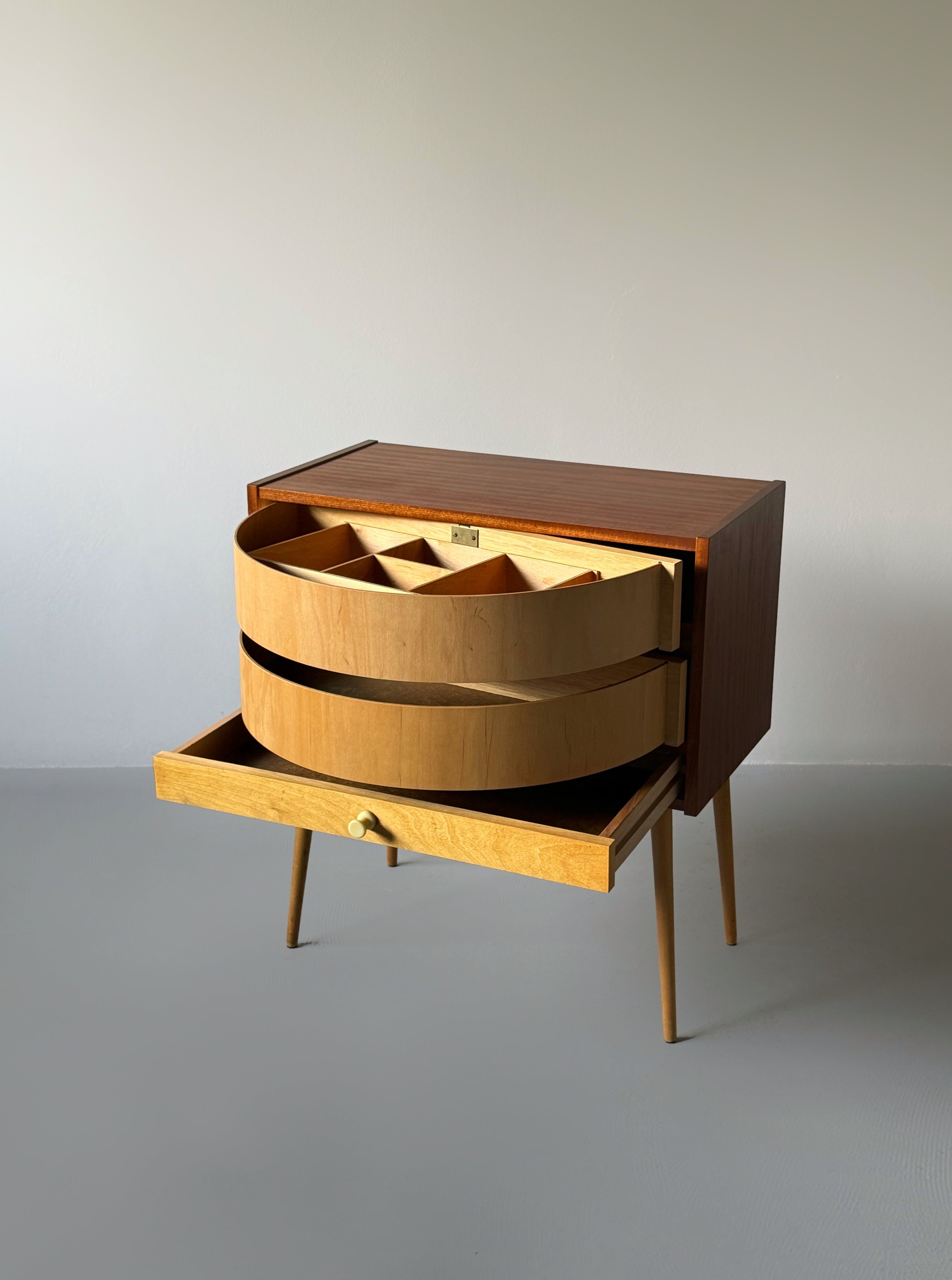 Midcentury Modern Sewing Box with swivel drawer storage, 1960s