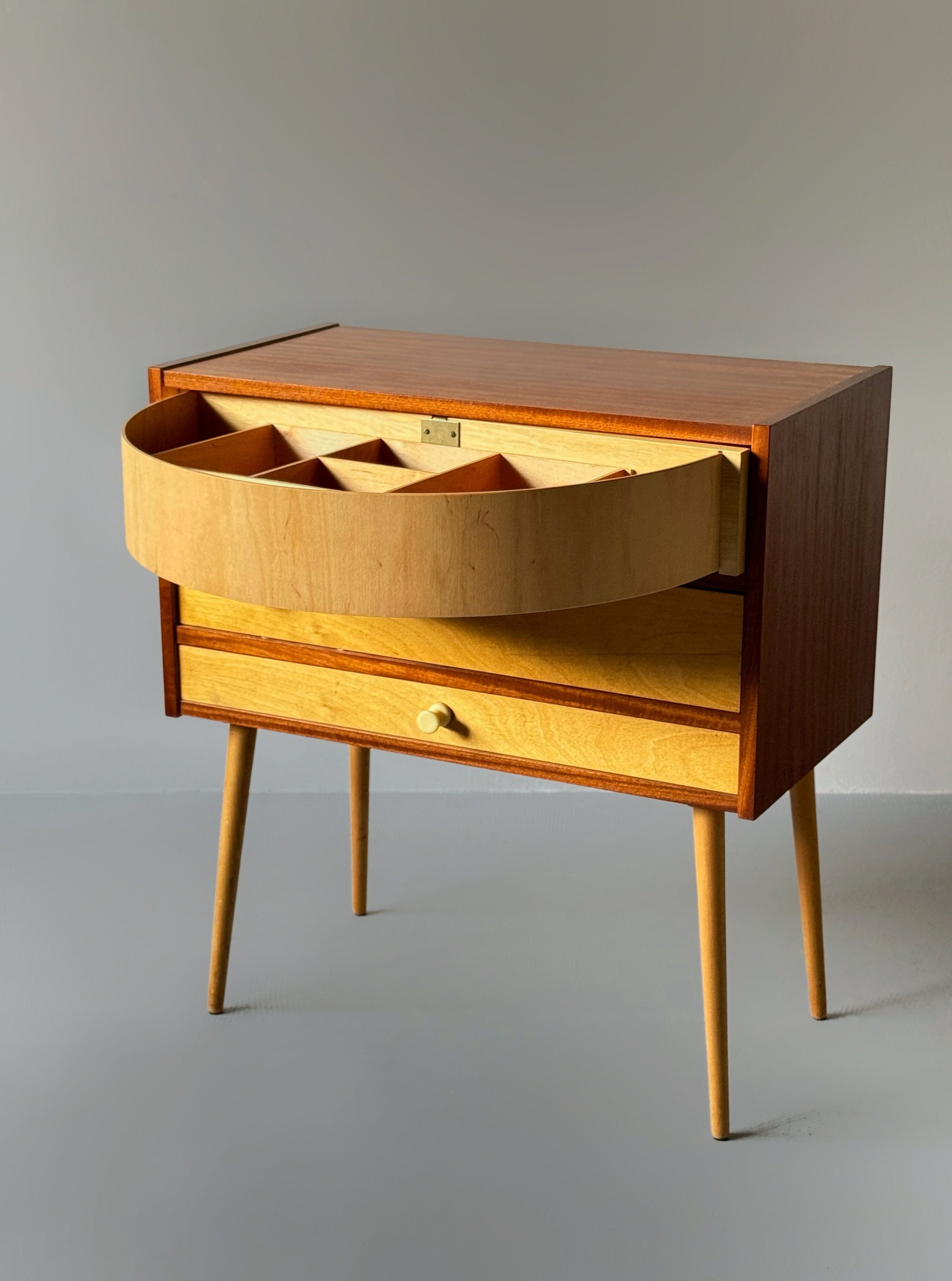 Midcentury Modern Sewing Box with swivel drawer storage, 1960s