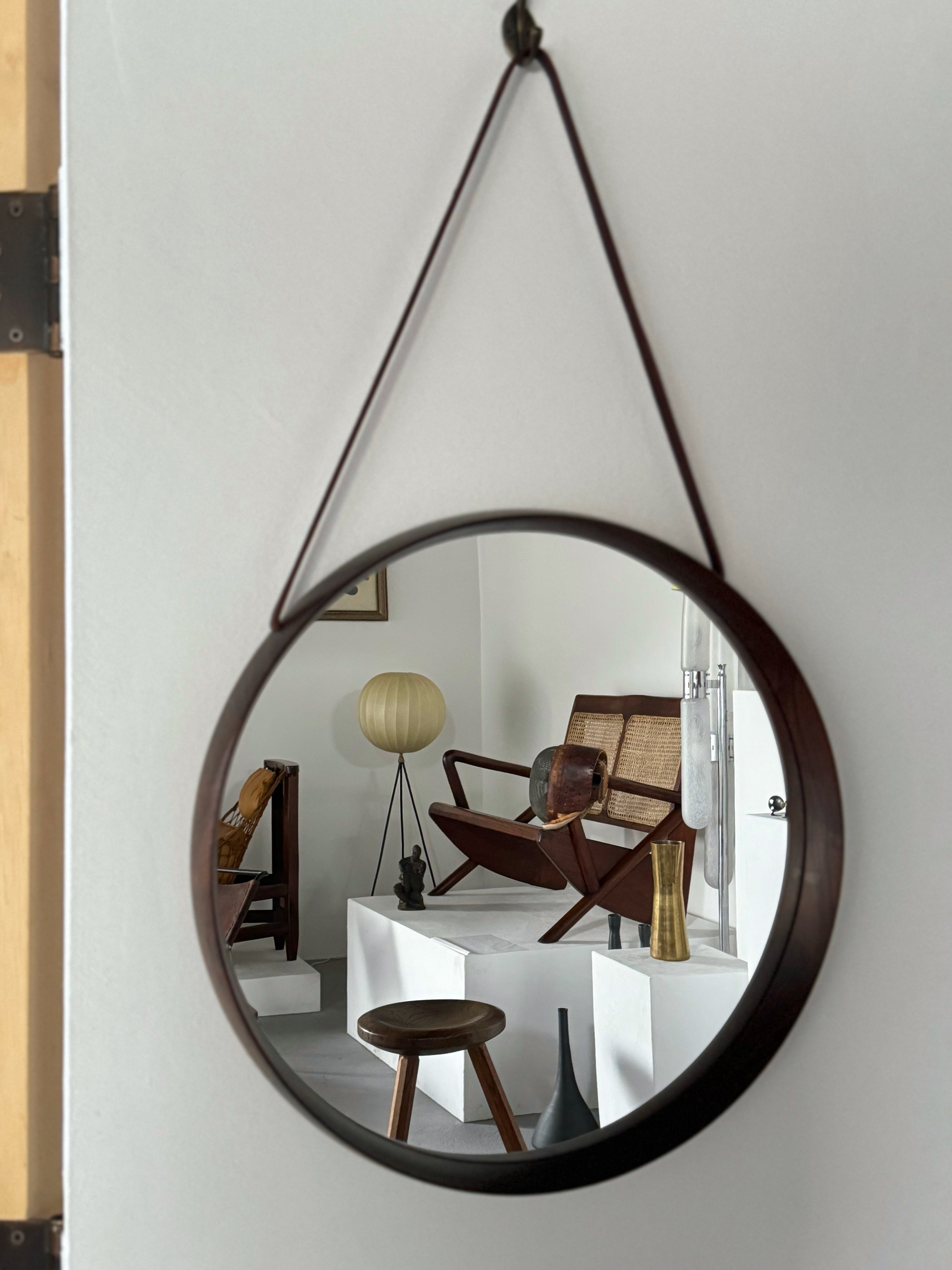 Wall mirror in rosewood and Leather by Uno & Östen Kristiansson for Luxus Vittsjö Möbelfabrik, 1960s Sweden