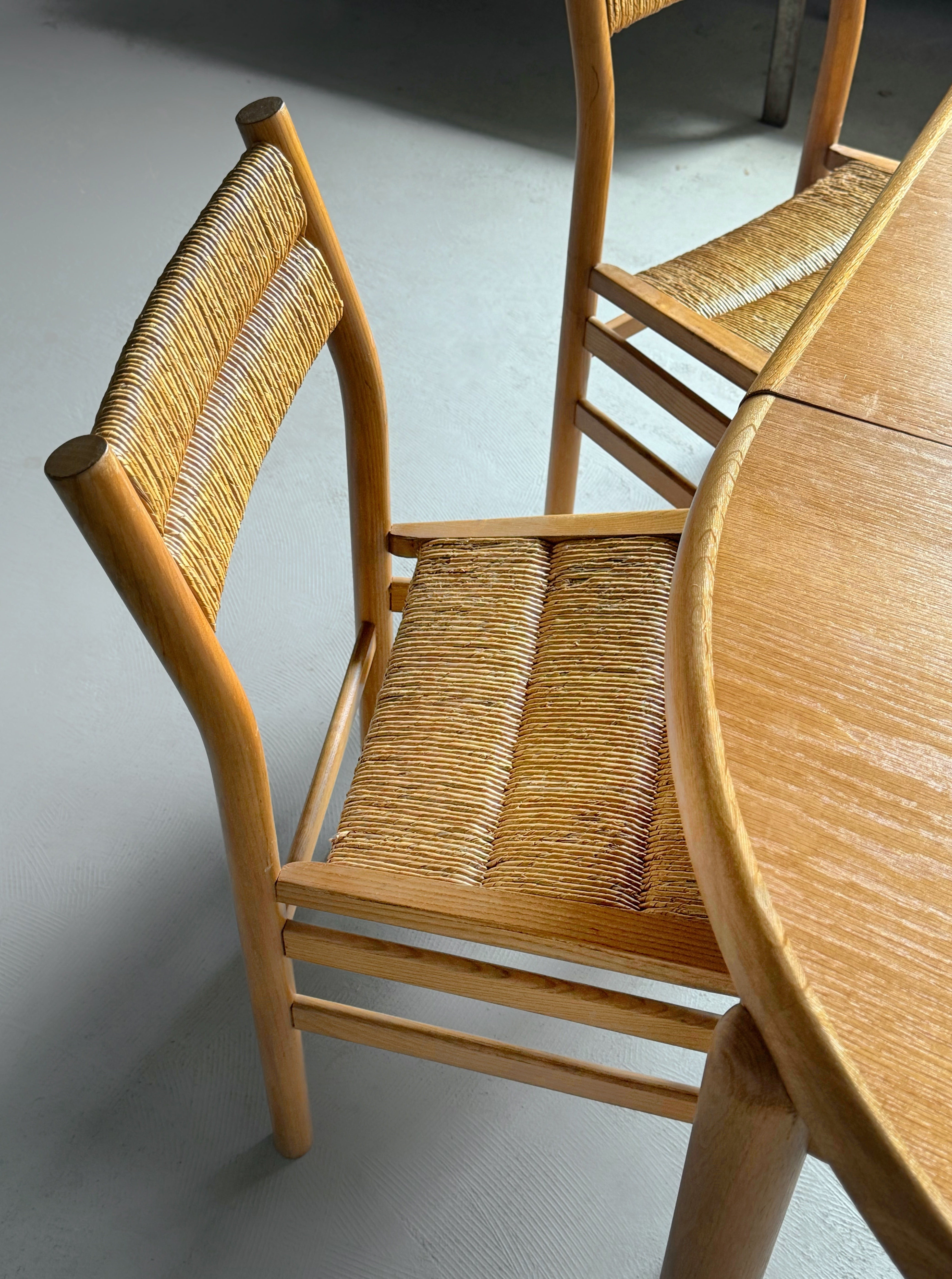 Set of 4 "Week-End" Rush Dining chairs in ash and straw by Pierre Gautier Delaye