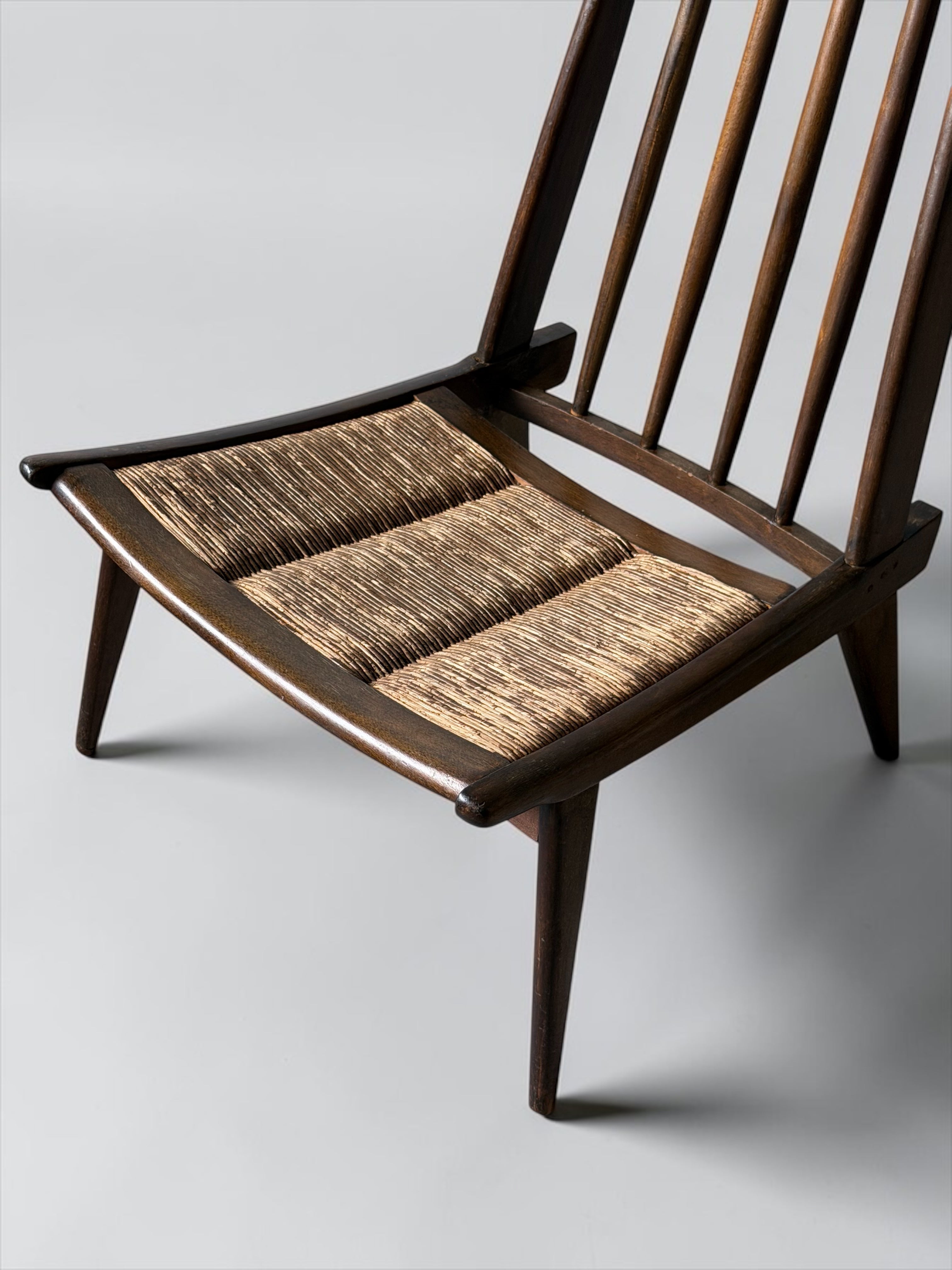Sculptural High-Back Lounge Chair in Wood and Woven Cane, 1950s