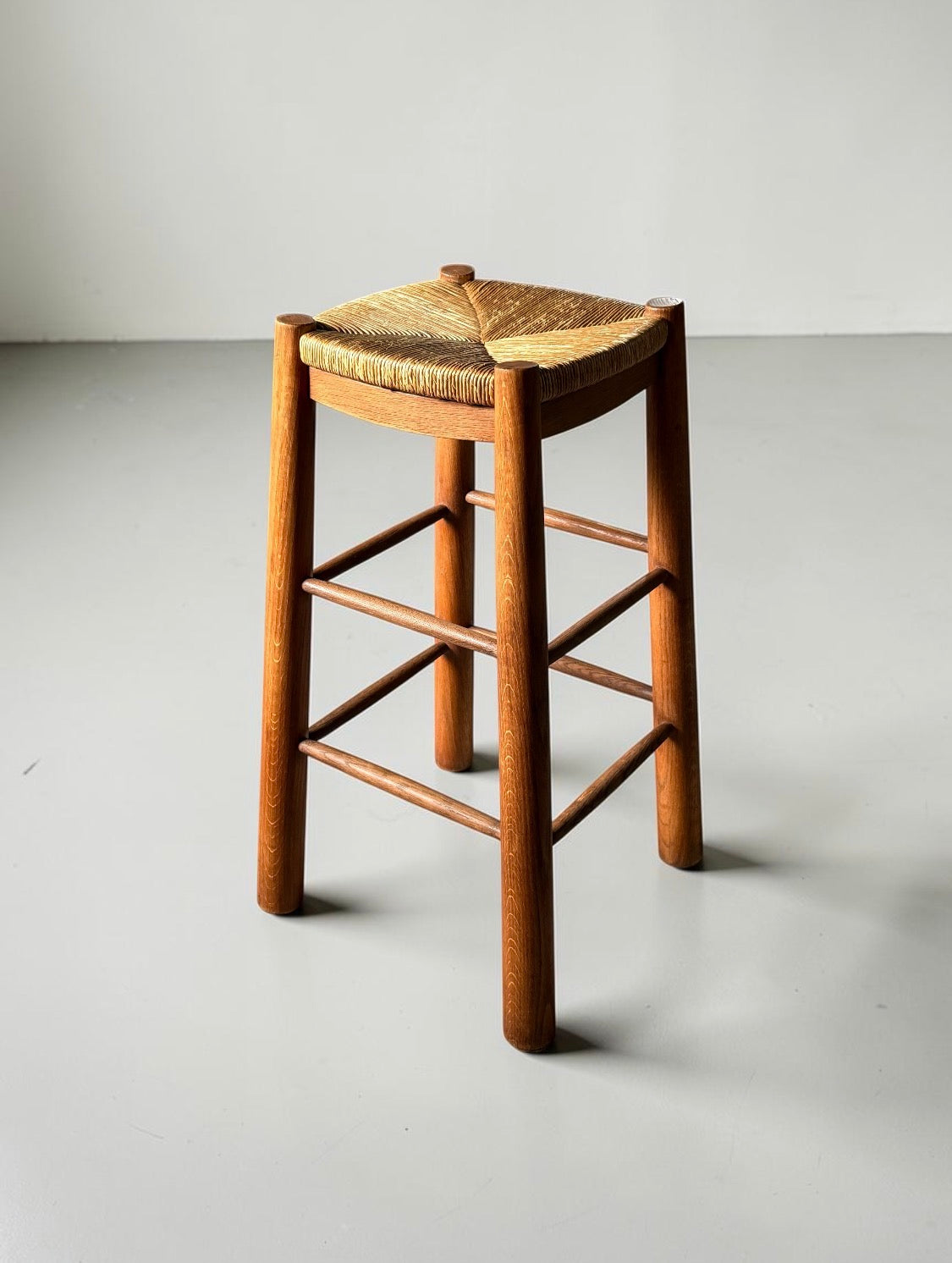 French Brutalist Wooden Stool with Handwoven Rush Seat, 1950s