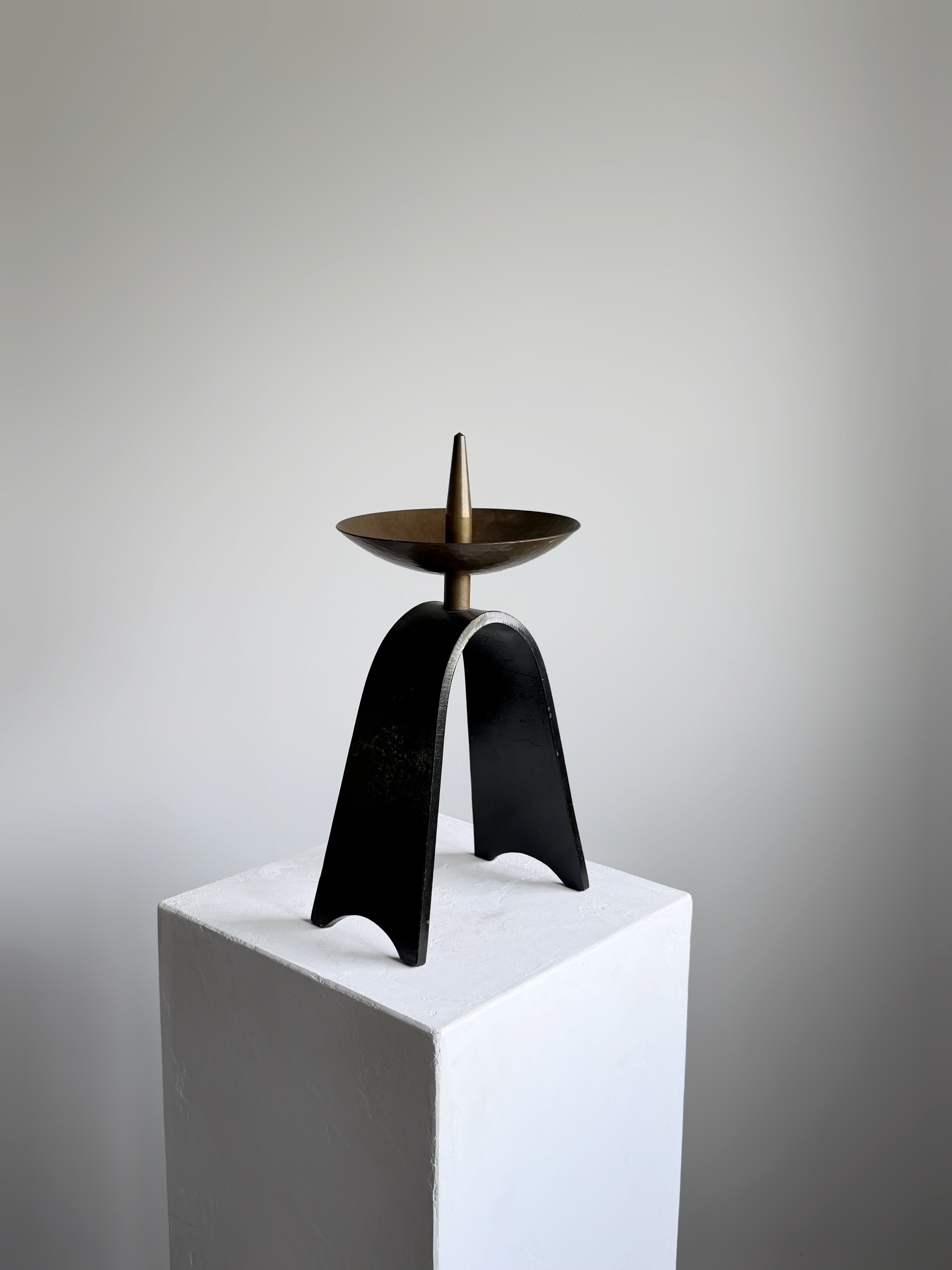 Sculptural Candle Holder in Black Metal and Brass, 1950s