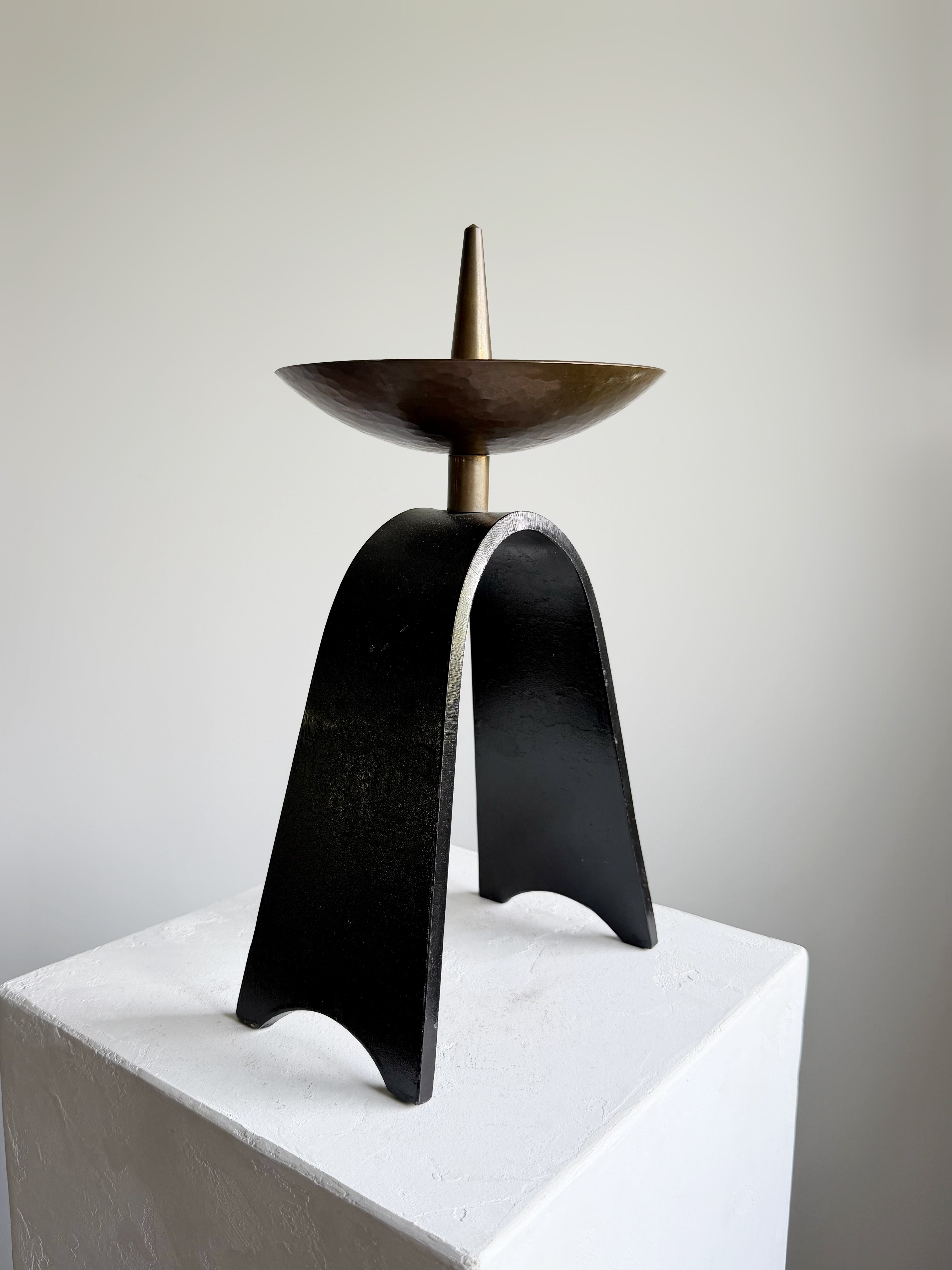 Sculptural Candle Holder in Black Metal and Brass, 1950s