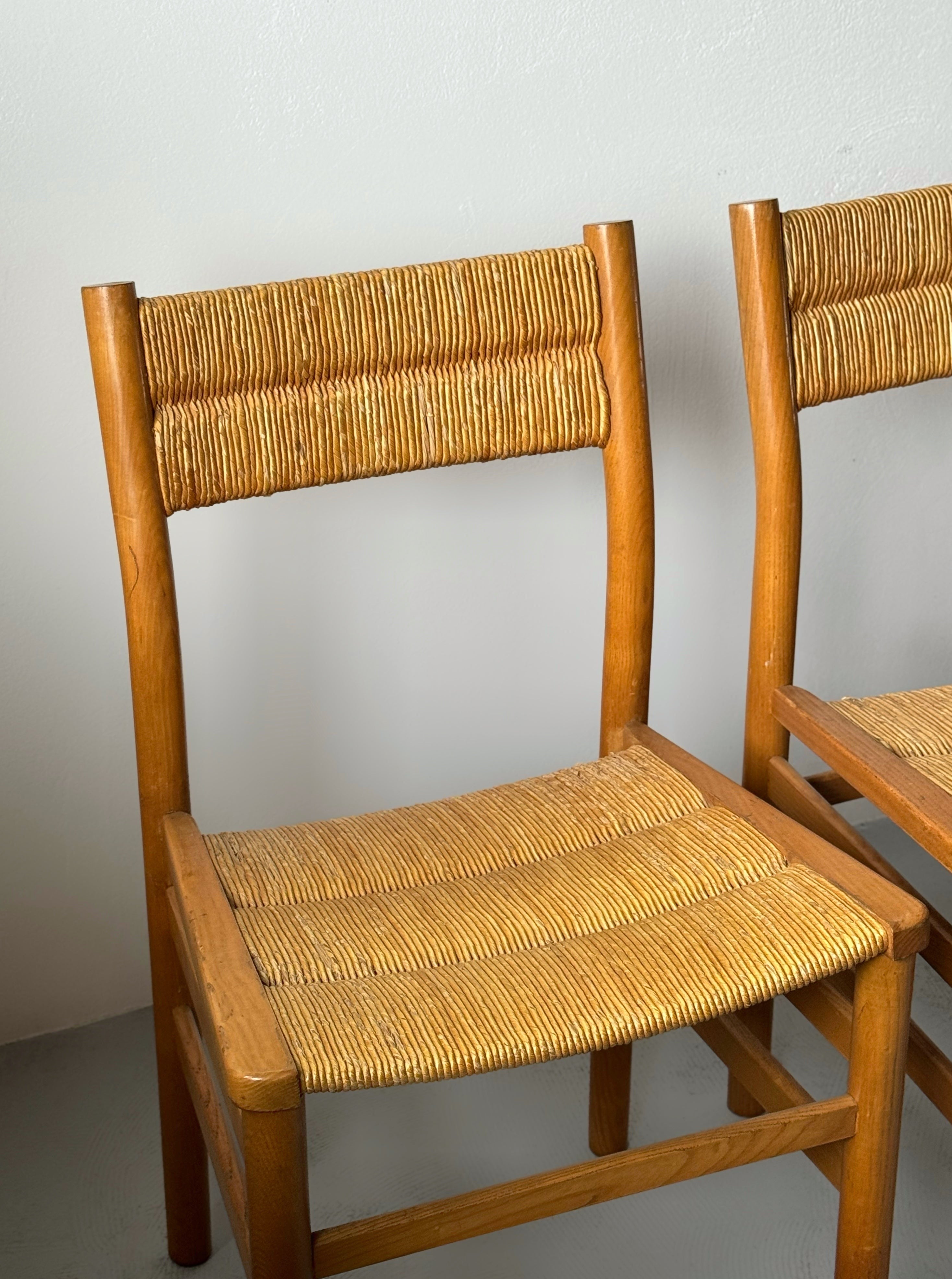 Set of 4 "Week-End" Rush Dining chairs in ash and straw by Pierre Gautier Delaye