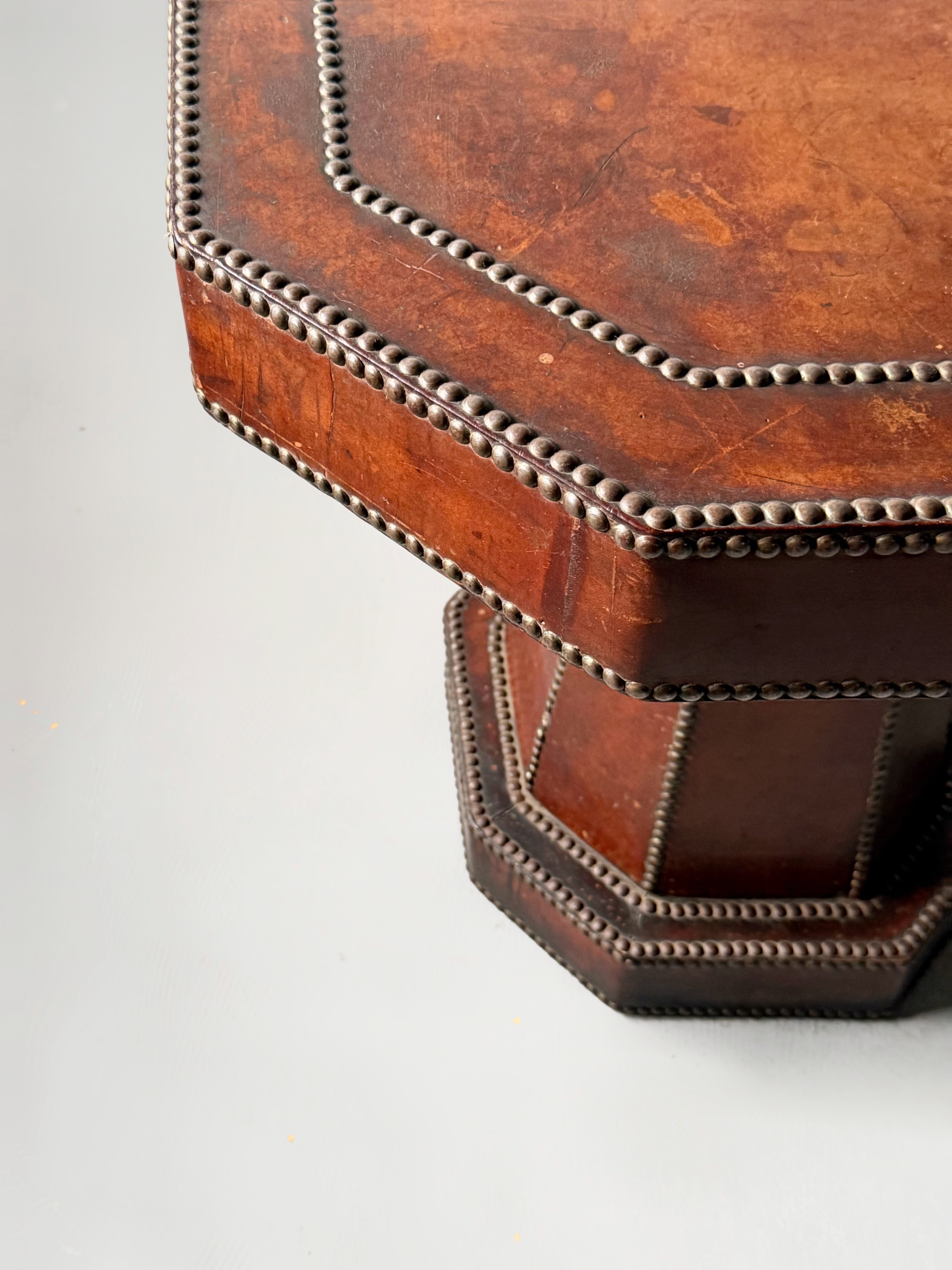 French Art Deco Studded Leather Bound Octagonal Side Table, 1920s