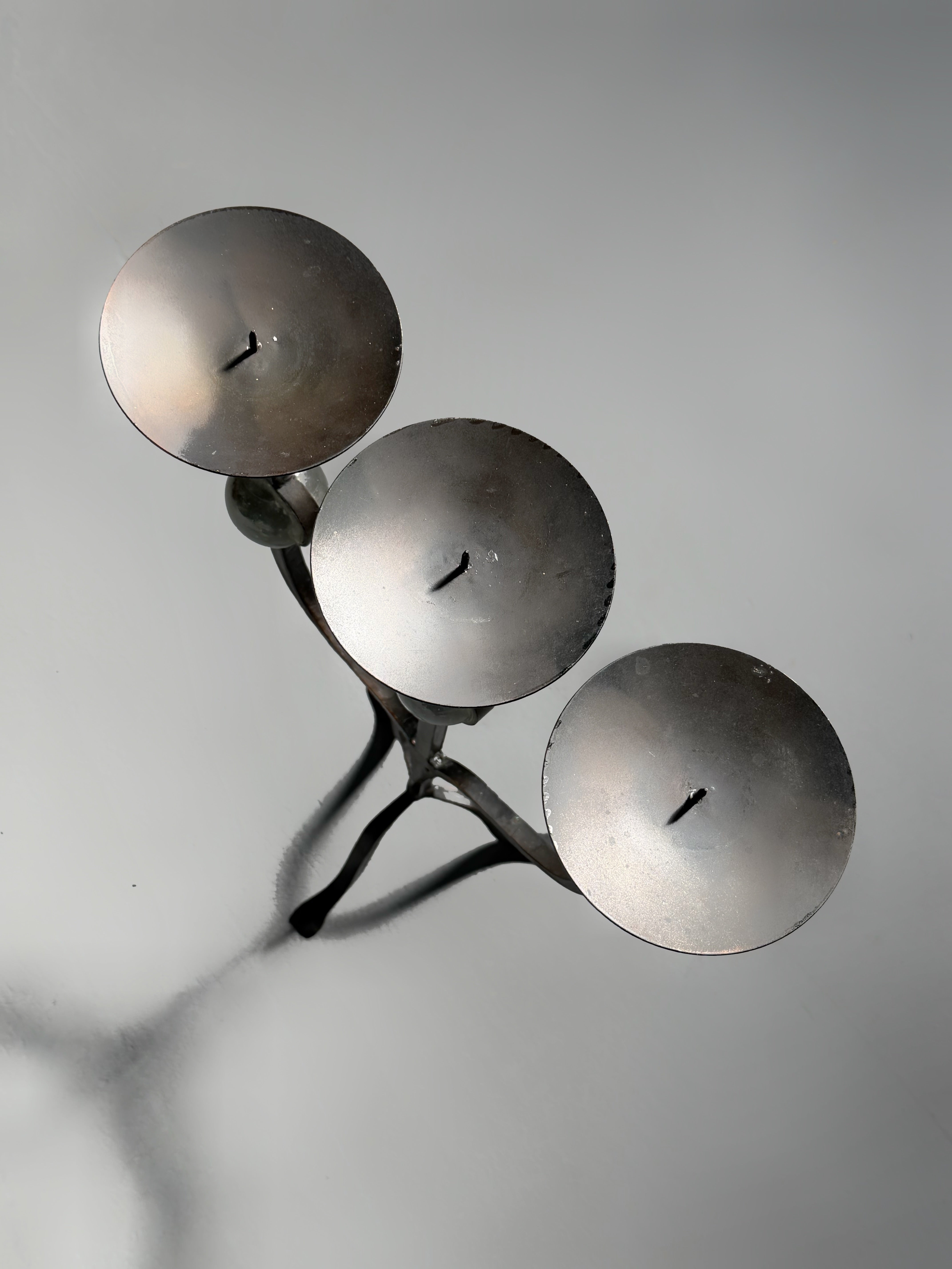 Three-Arm Wrought Iron Candle Holder with Glass Accents, 1950s　