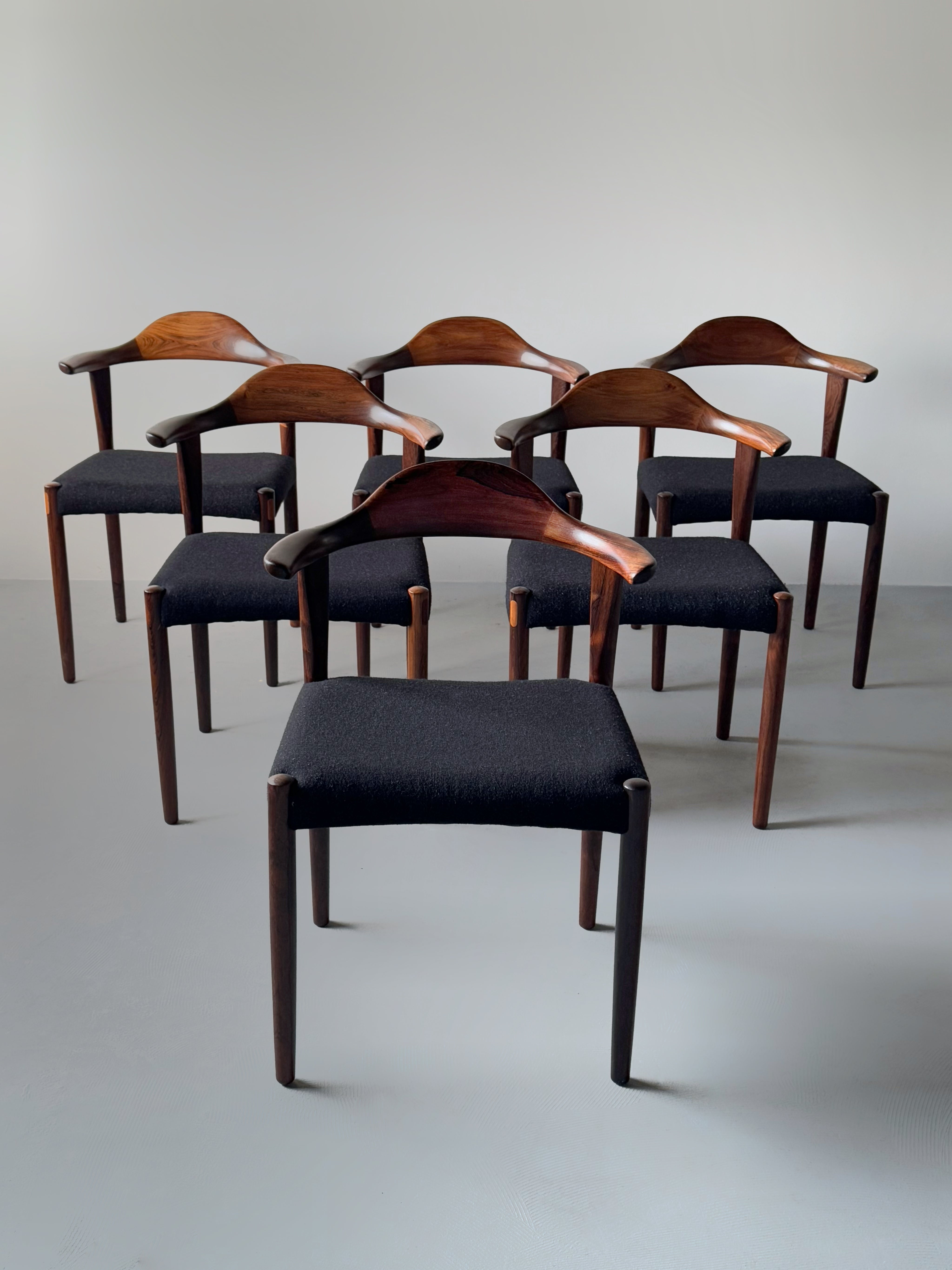 Bull horn dining chairs in rosewood by Jacob Hermann for Randers Møbelfabrik, Denmark 1960s