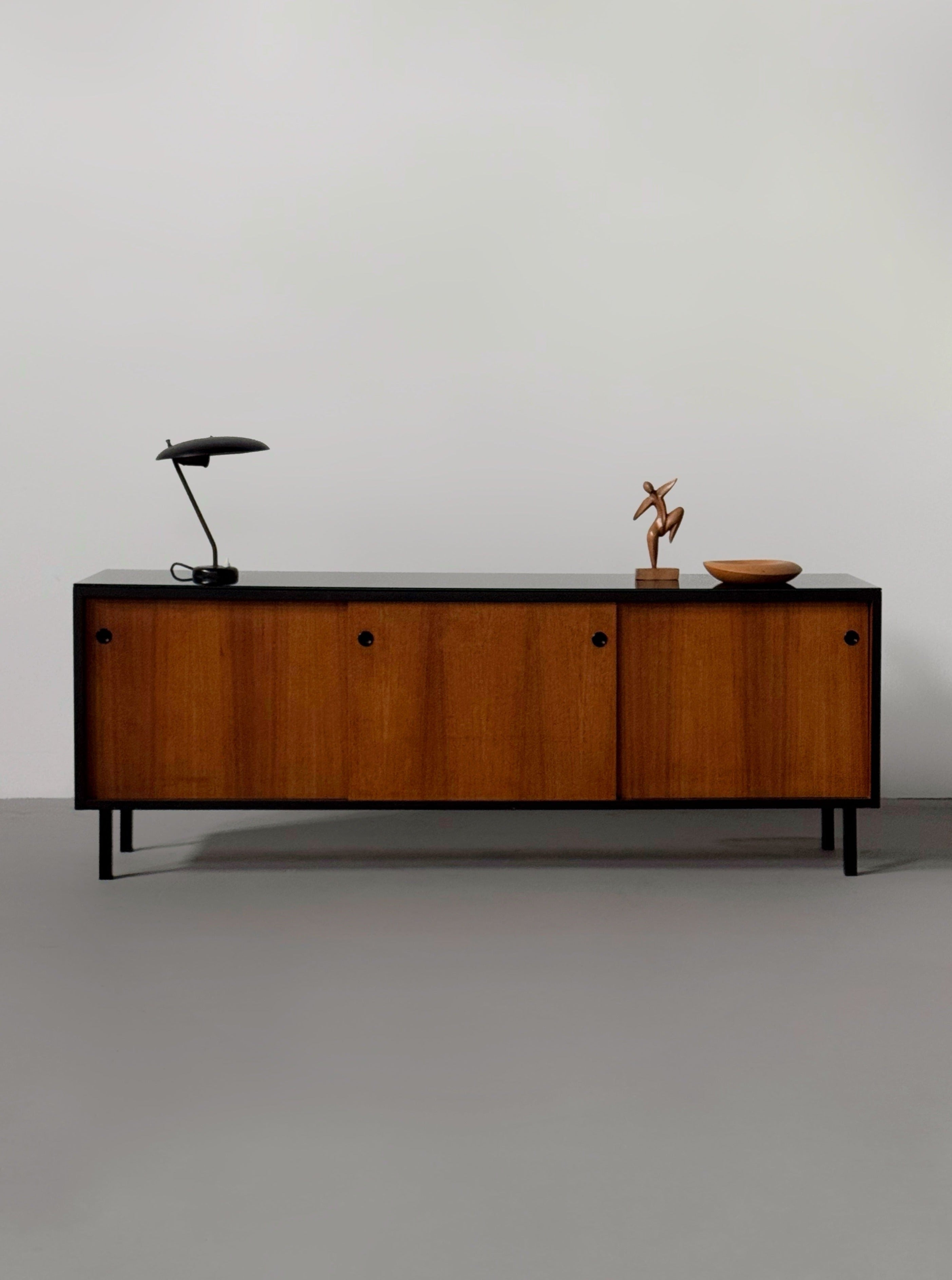 Mid-century French sideboard in teak and black glass top