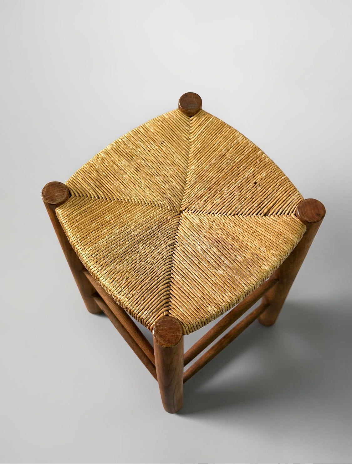 French Brutalist Wooden Stool with Handwoven Rush Seat, 1950s