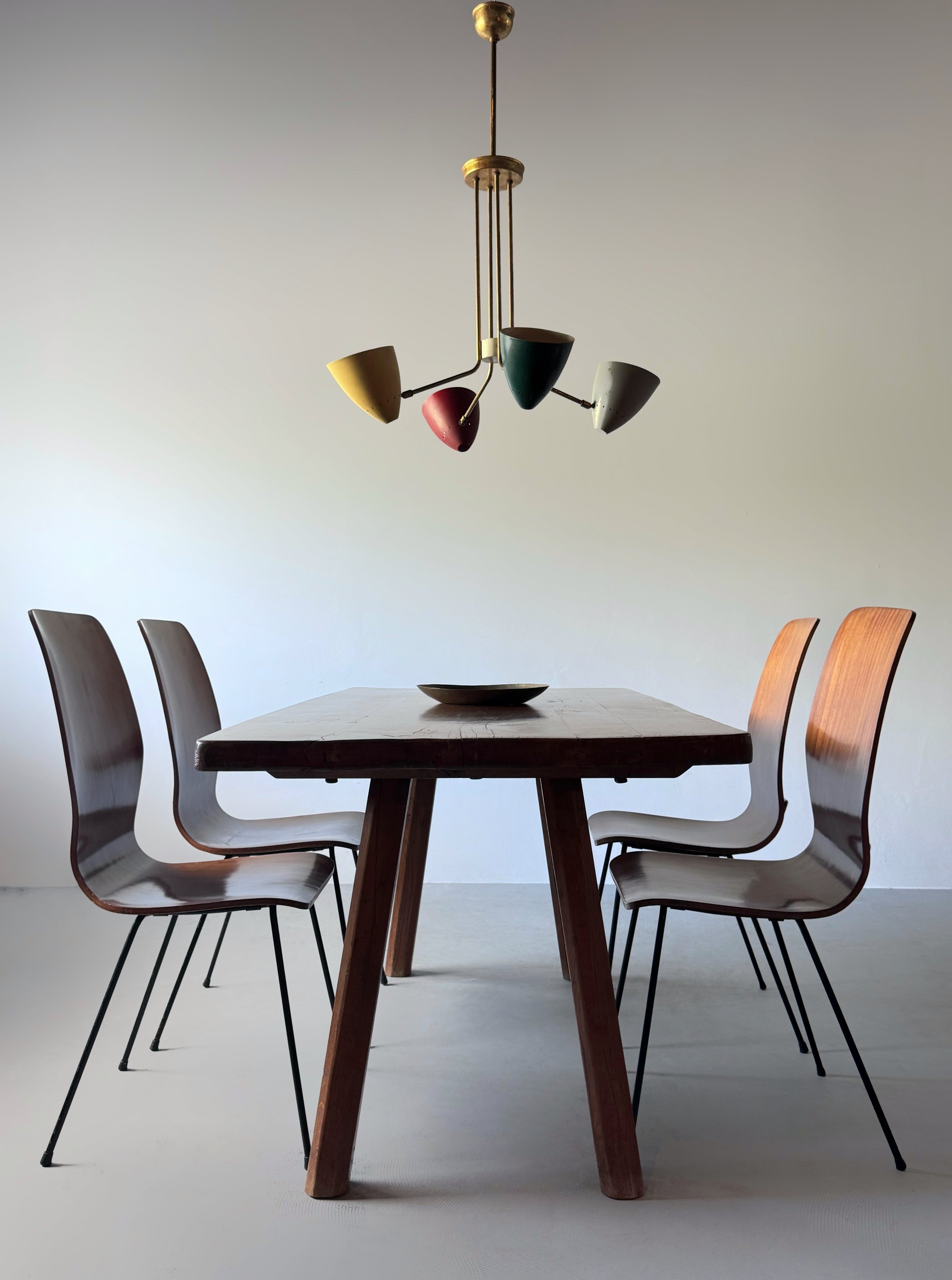Italian Brass Chandelier with four Colorful Shades, 1950s　　