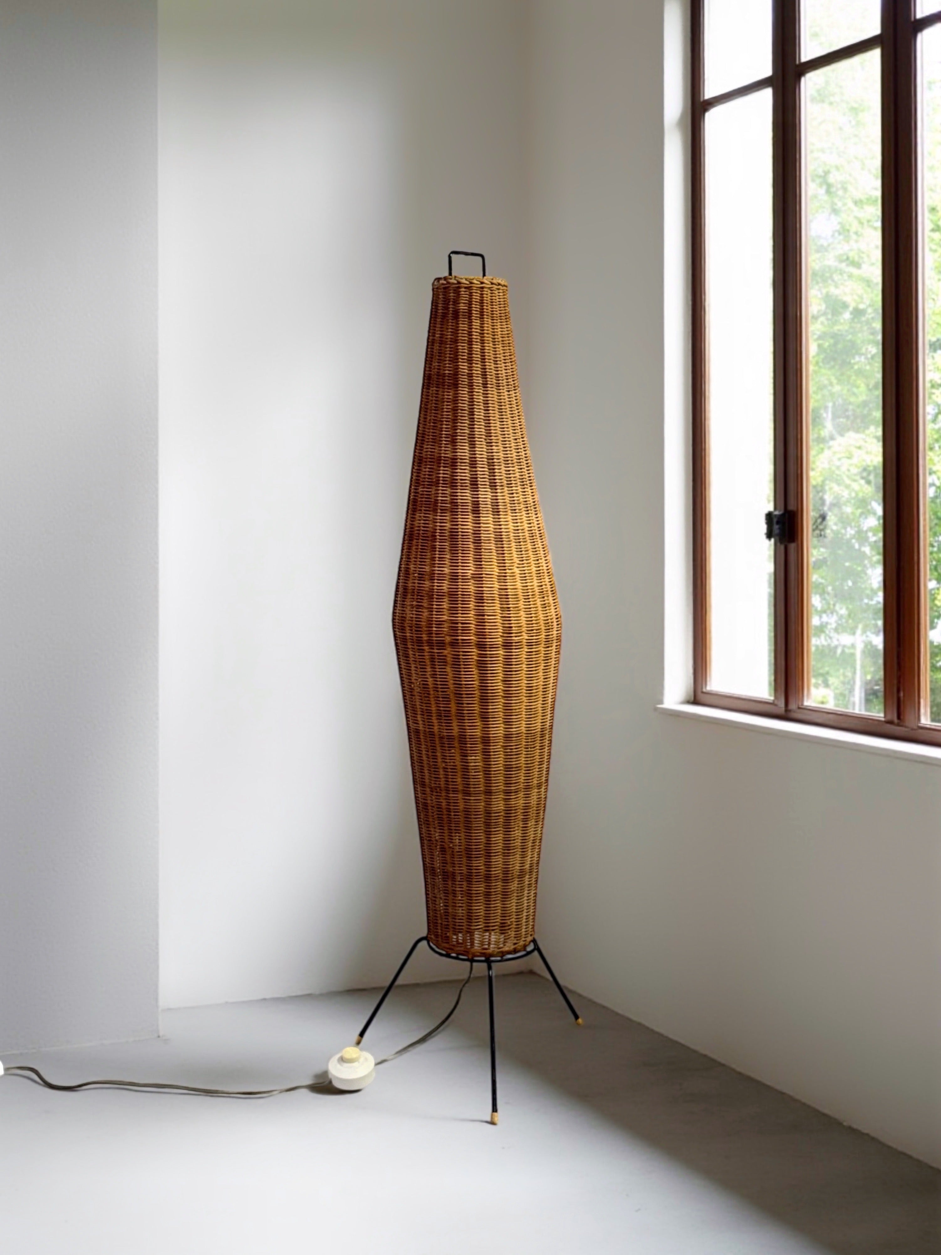 Tripod floor lamp with woven rattan basket, France 1950s