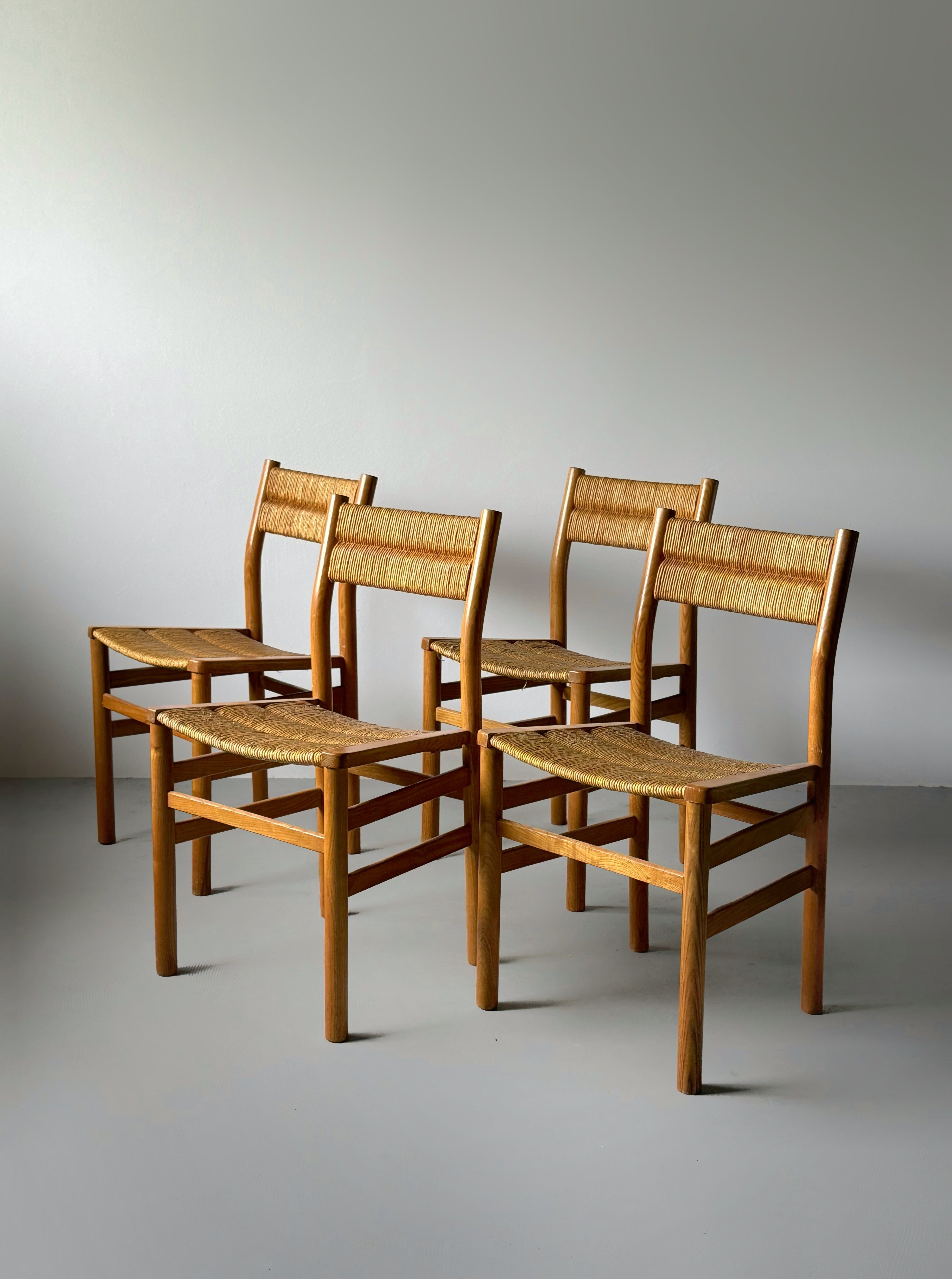 Set of 4 "Week-End" Rush Dining chairs in ash and straw by Pierre Gautier Delaye