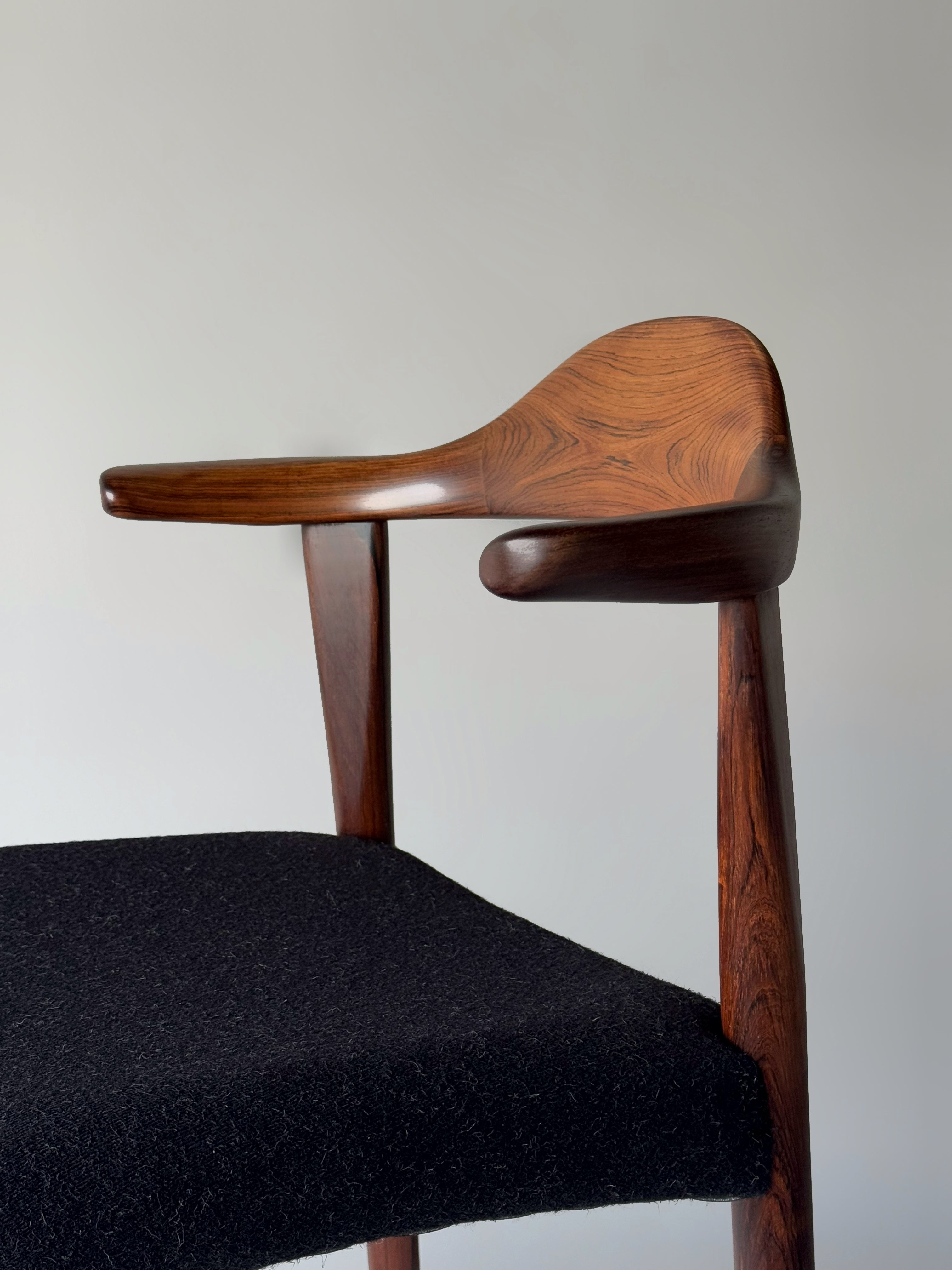 Bull horn dining chairs in rosewood by Jacob Hermann for Randers Møbelfabrik, Denmark 1960s