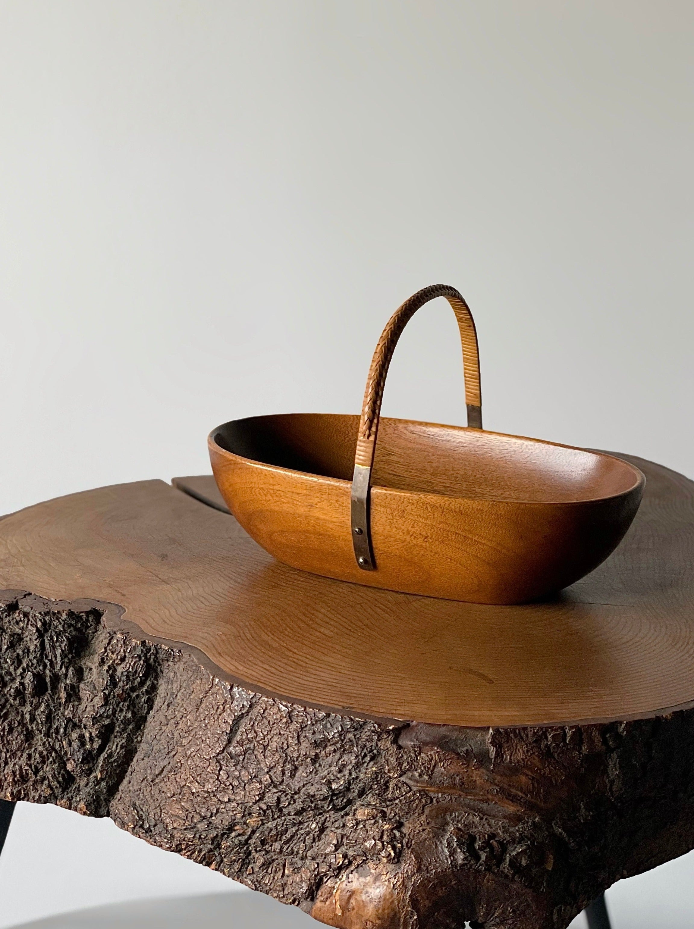 Wooden Bowl with Brass & Wicker Handle designed by Carl Auböck