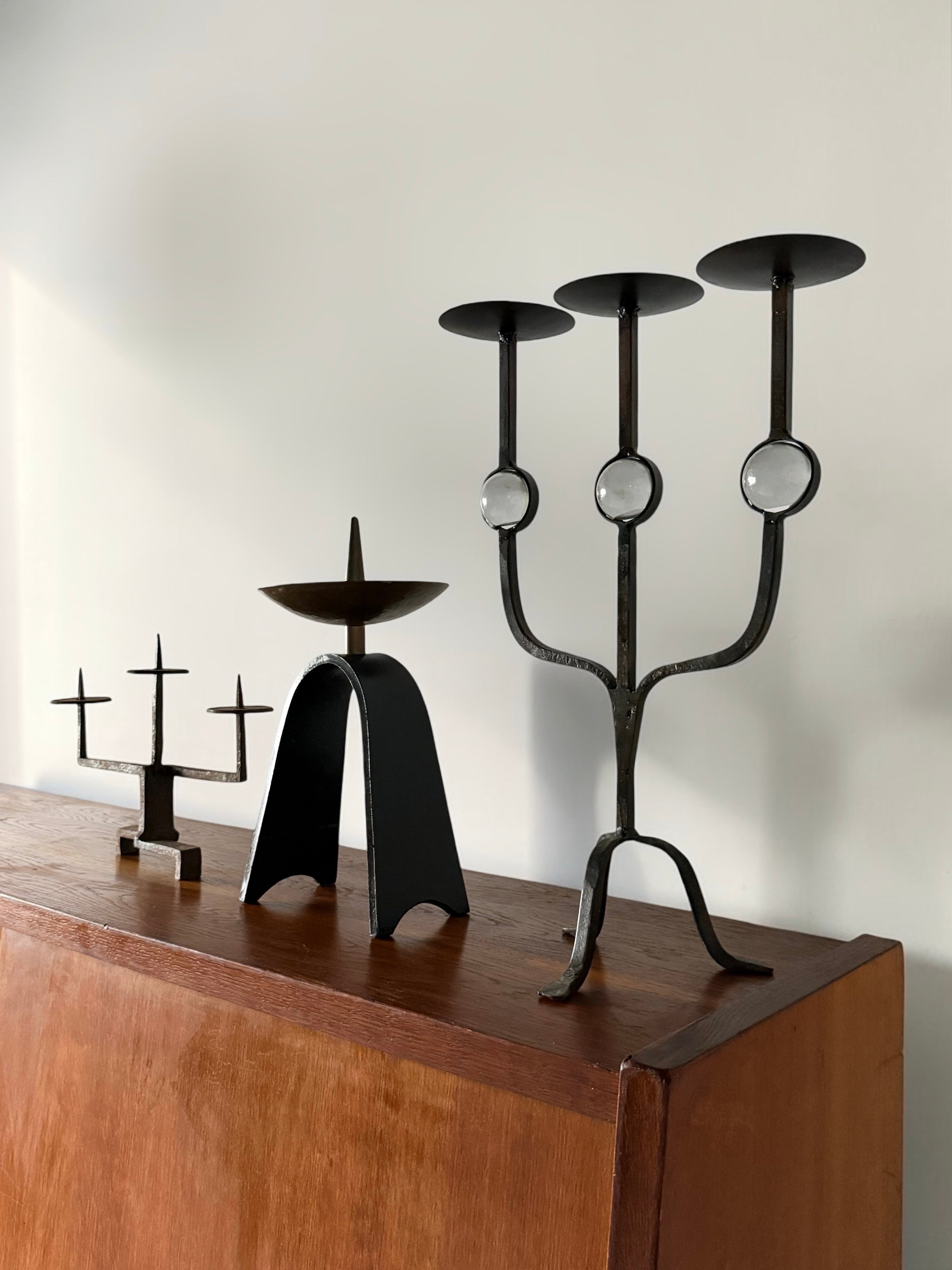 Three-Arm Wrought Iron Candle Holder with Glass Accents, 1950s　