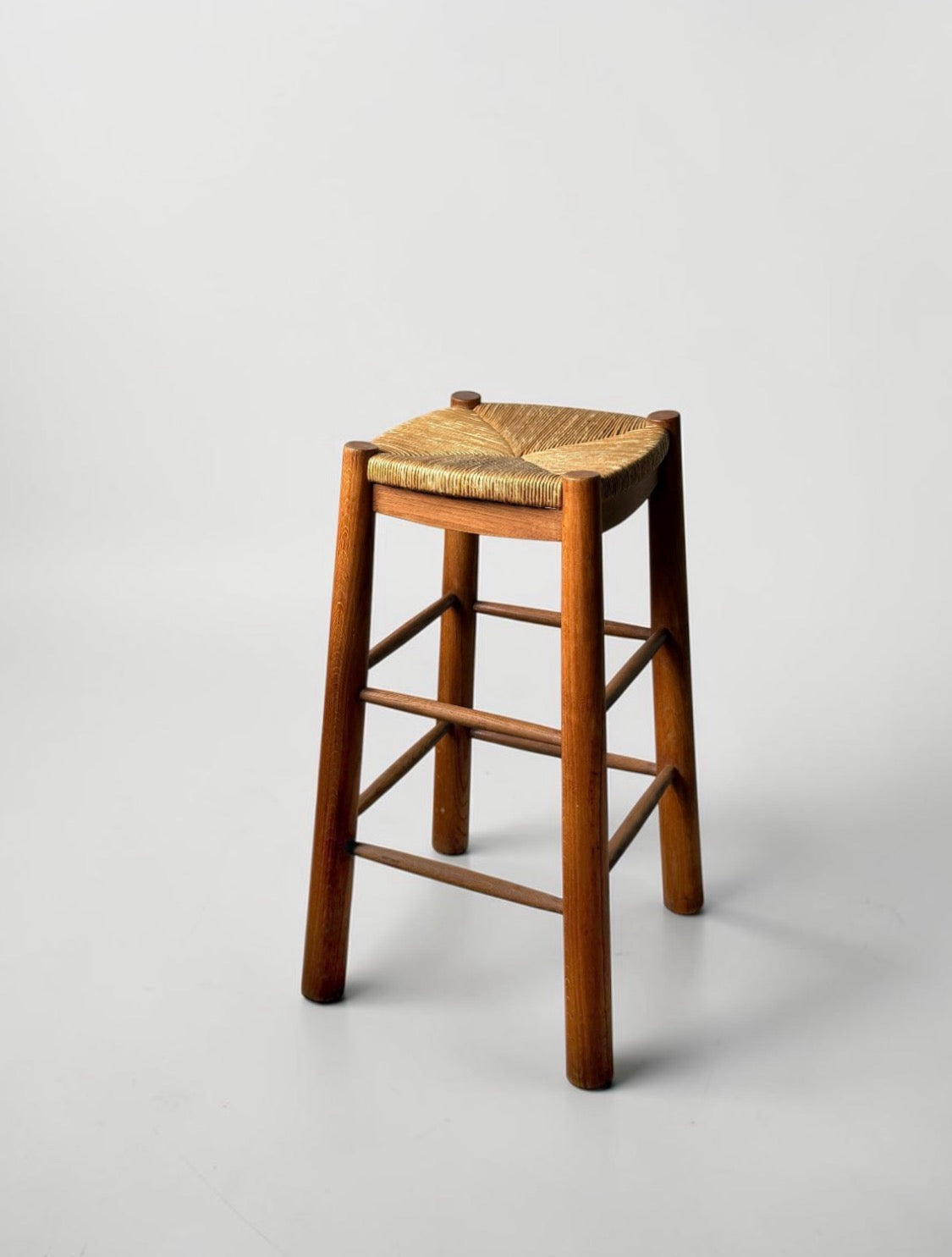 French Brutalist Wooden Stool with Handwoven Rush Seat, 1950s