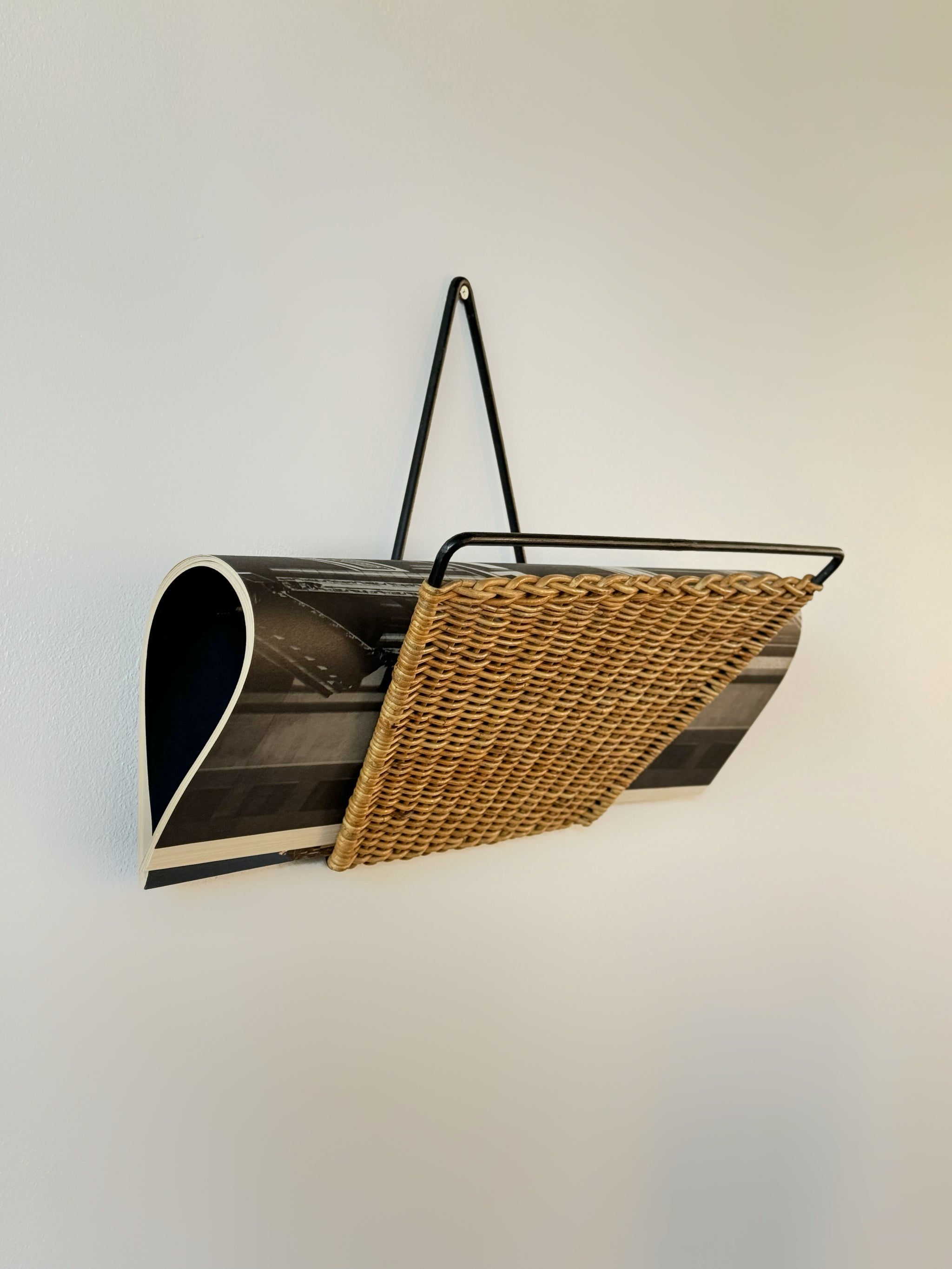 French Wicker and Iron Wall Magazine Rack