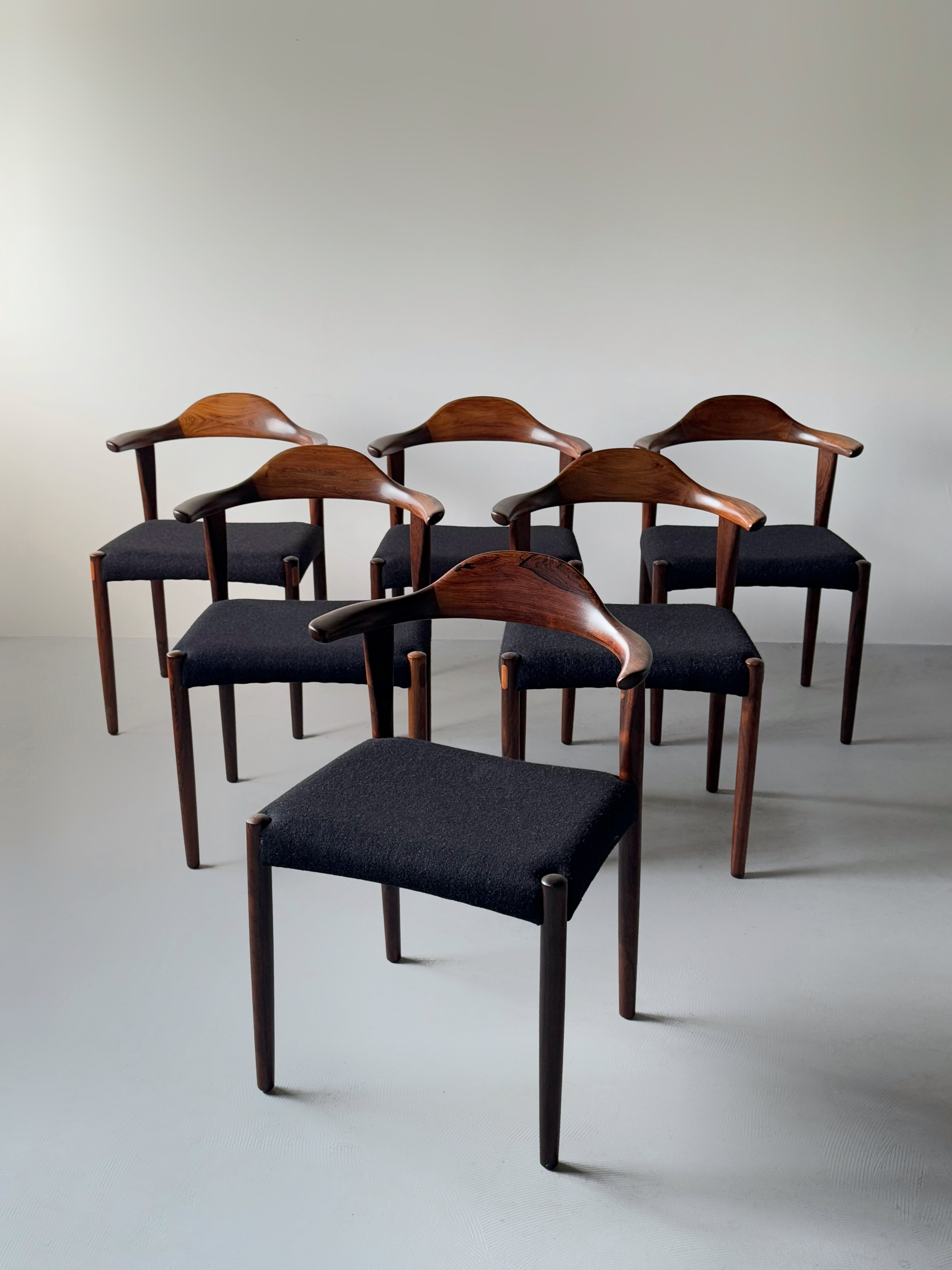 Bull horn dining chairs in rosewood by Jacob Hermann for Randers Møbelfabrik, Denmark 1960s