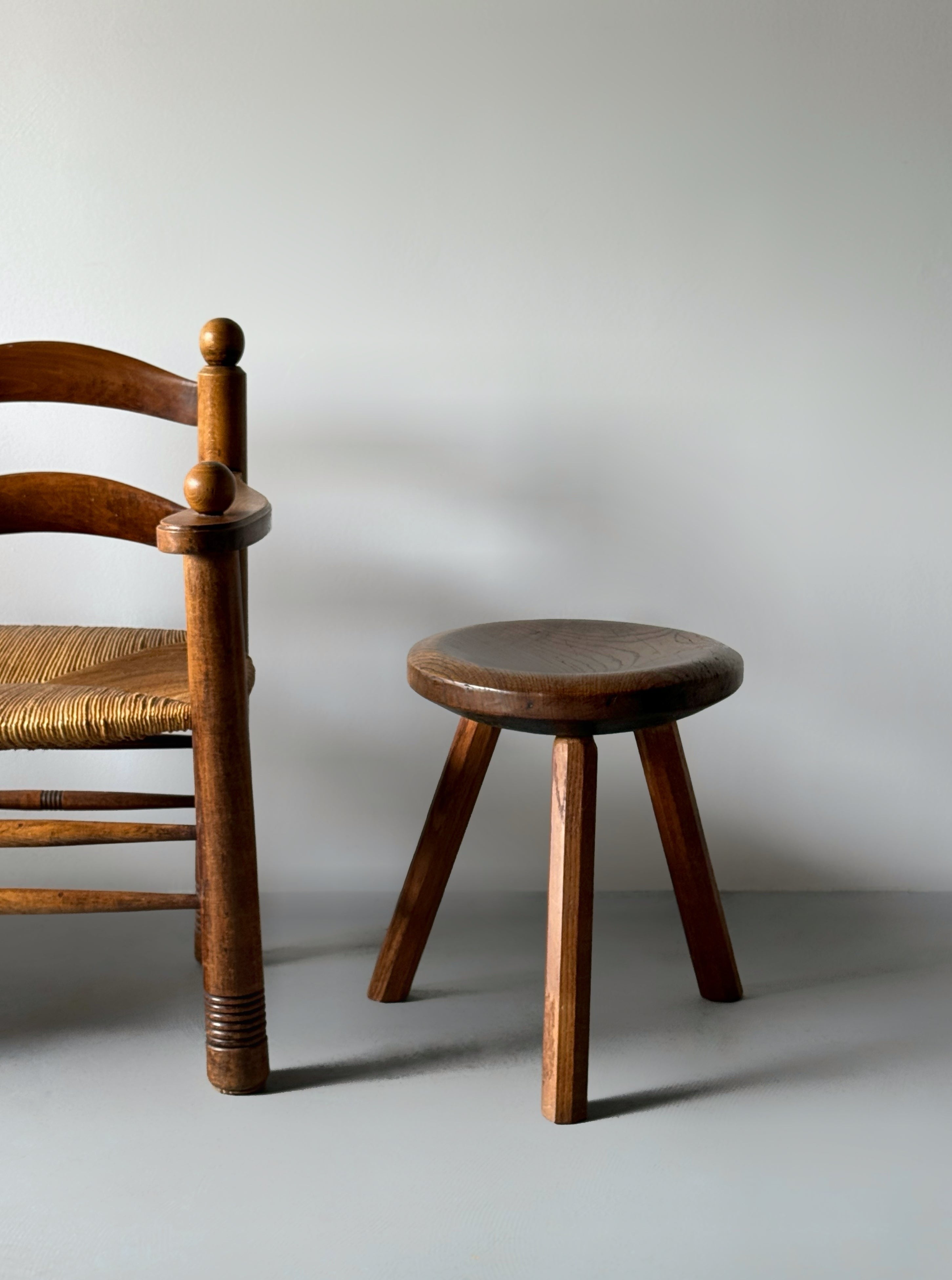 Danish Brutalist Wooden Tripod Stool