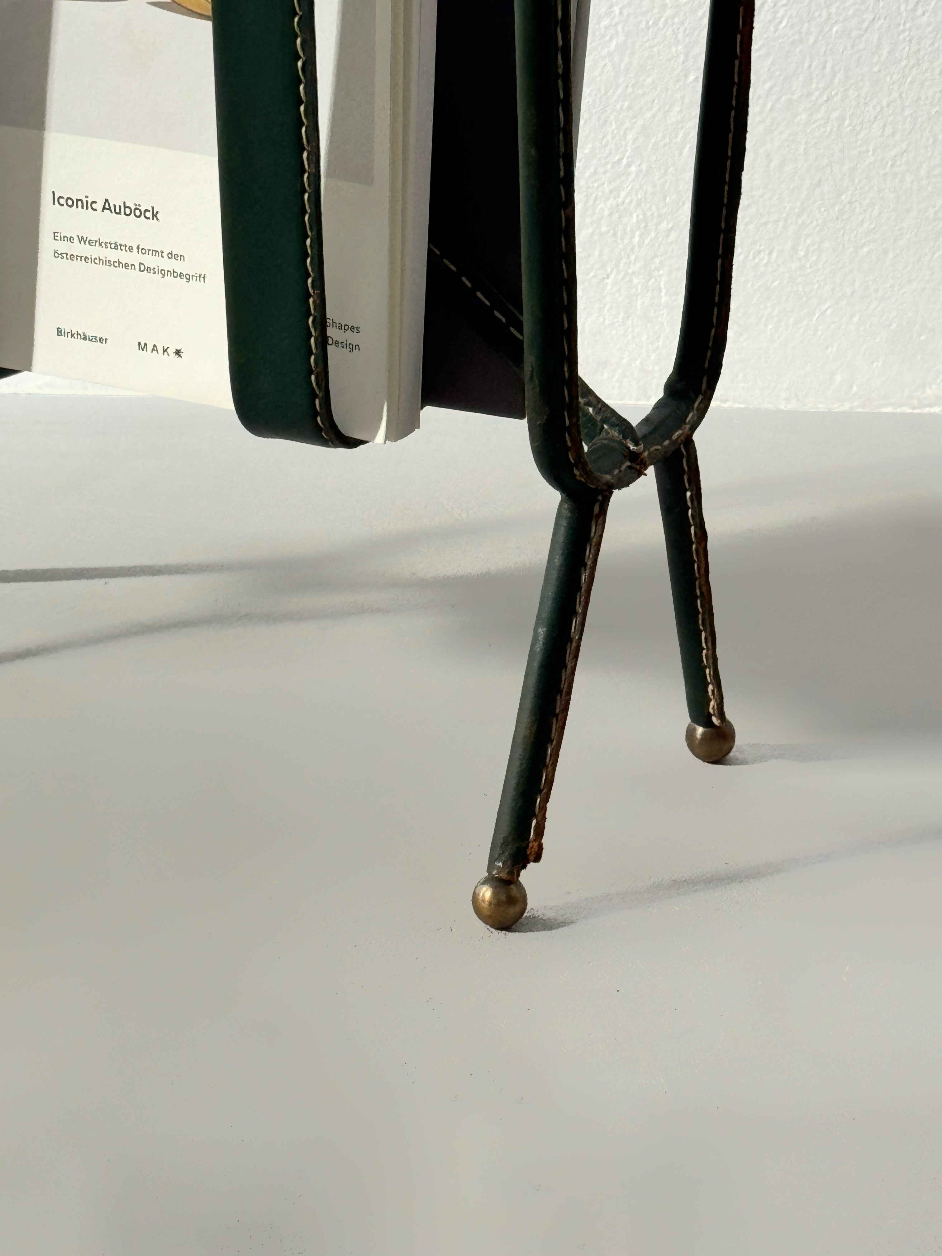 Green Leather Stitched Magazine Rack by Jacques Adnet, France 1950s