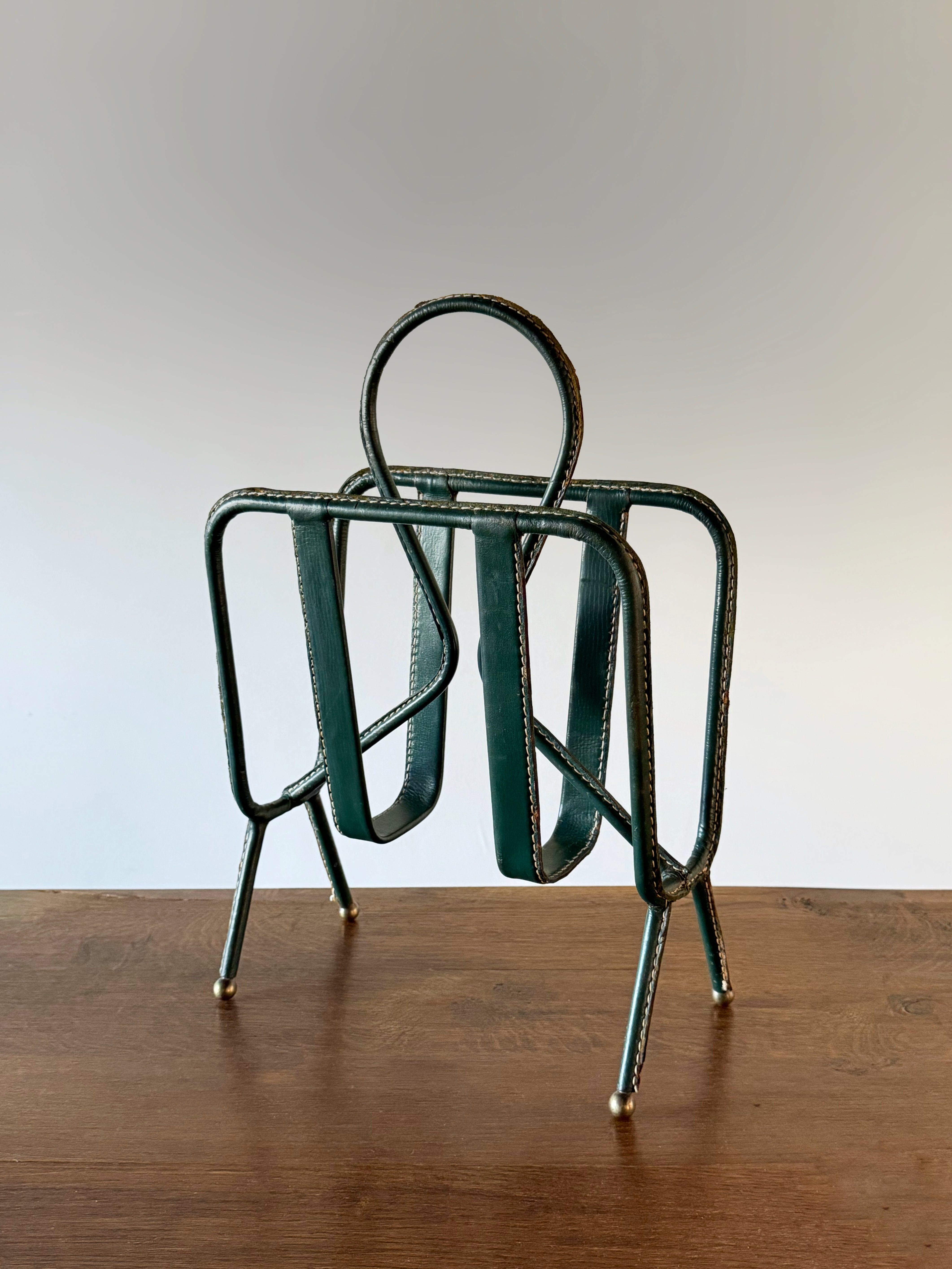 Green Leather Stitched Magazine Rack by Jacques Adnet, France 1950s