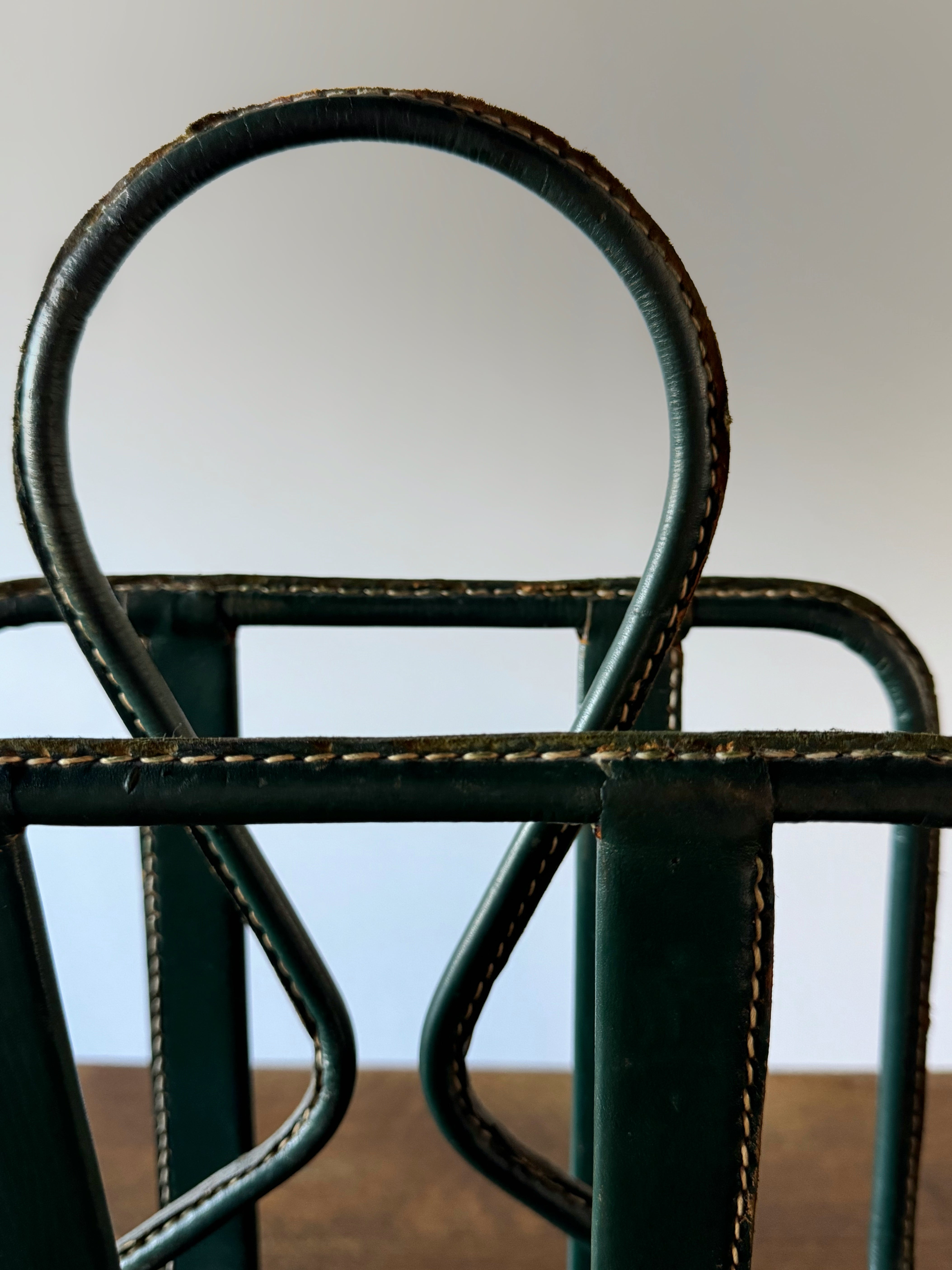 Green Leather Stitched Magazine Rack by Jacques Adnet, France 1950s