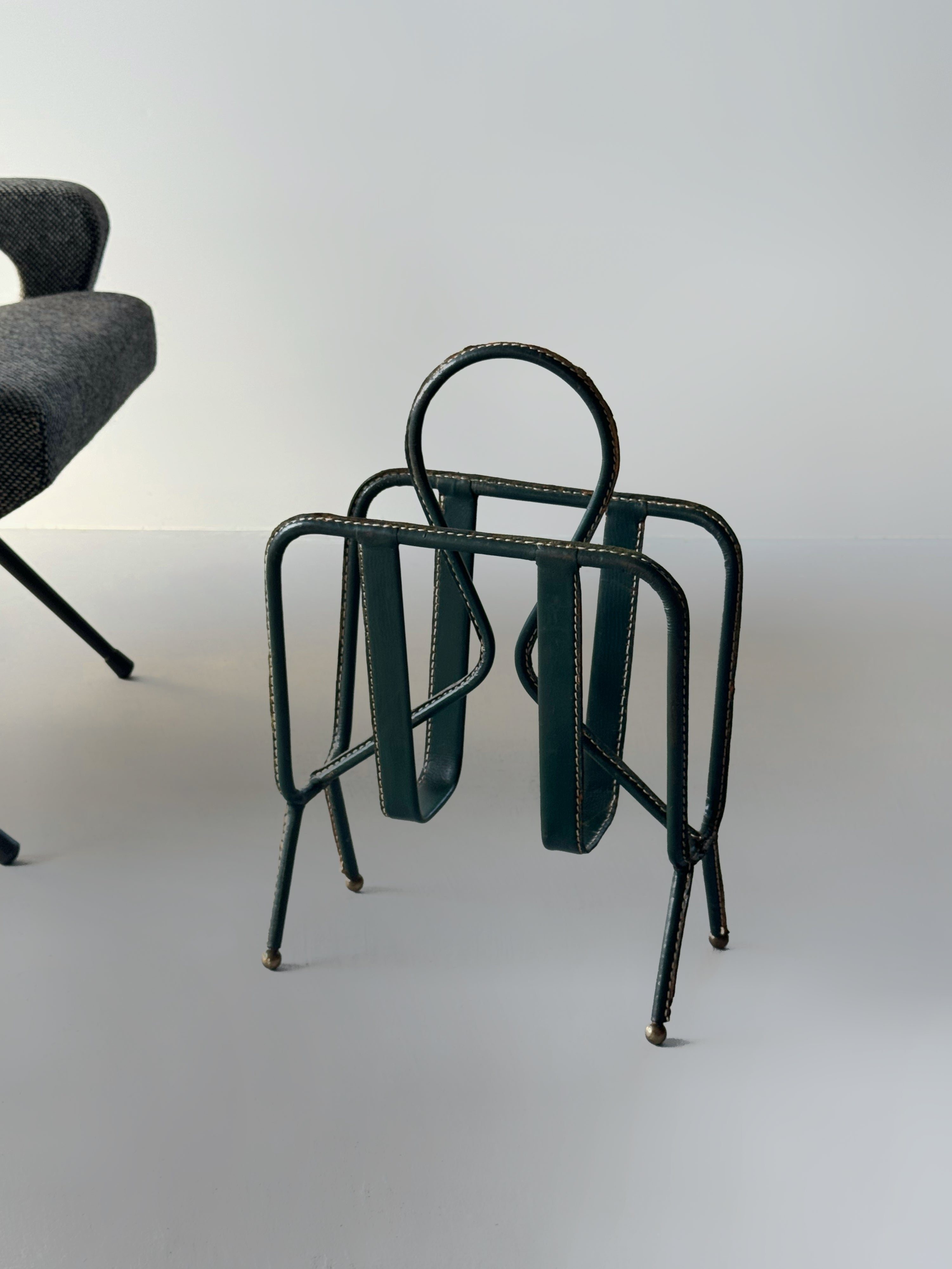 Green Leather Stitched Magazine Rack by Jacques Adnet, France 1950s