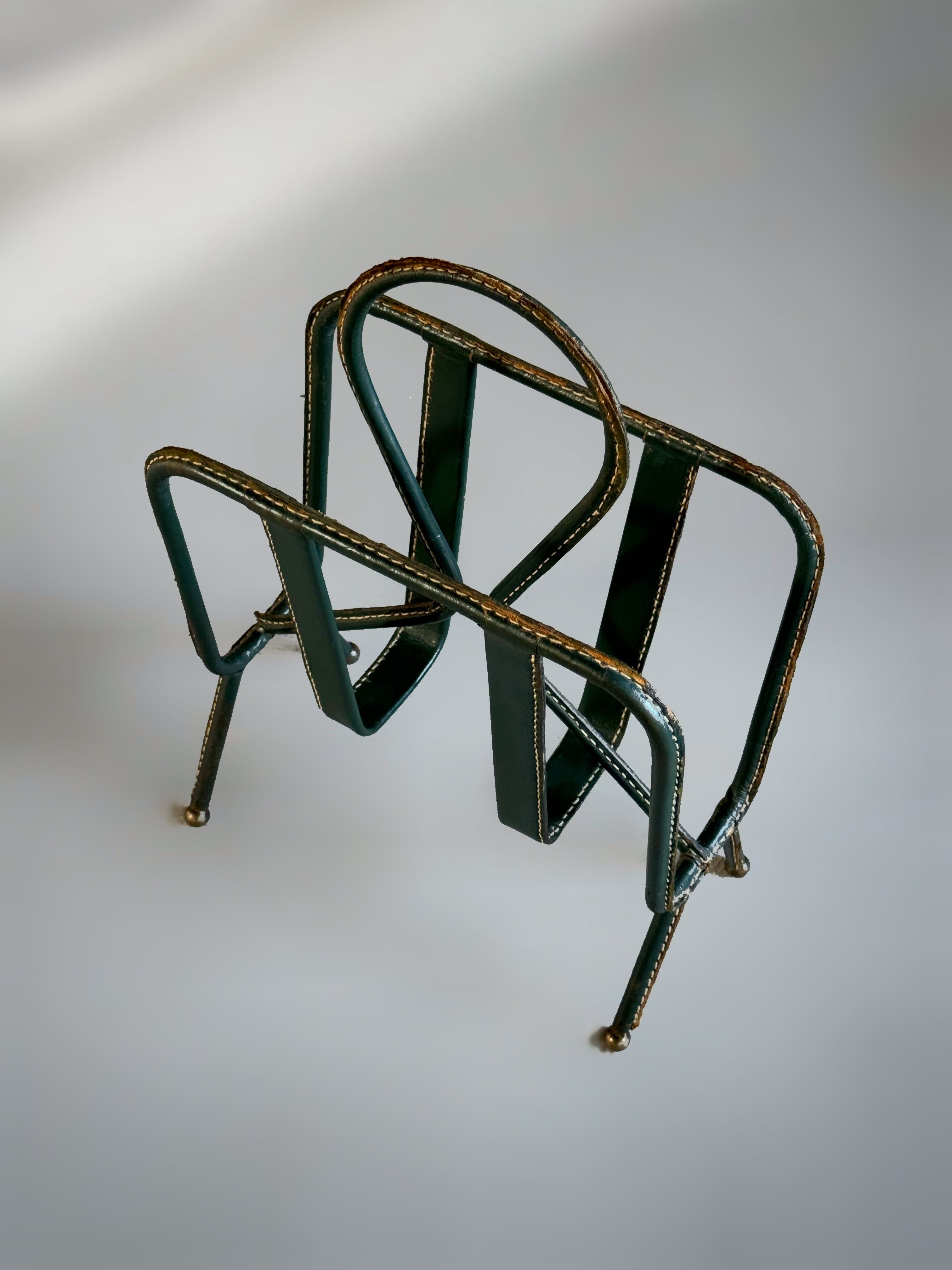 Green Leather Stitched Magazine Rack by Jacques Adnet, France 1950s