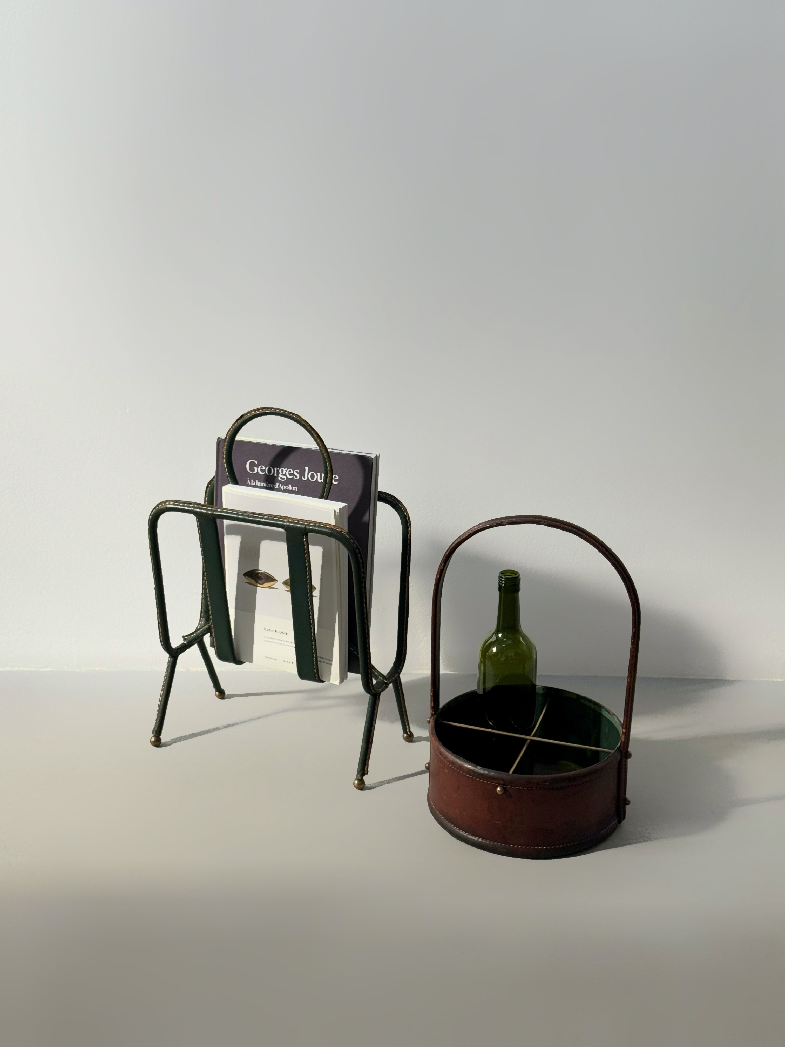 Green Leather Stitched Magazine Rack by Jacques Adnet, France 1950s