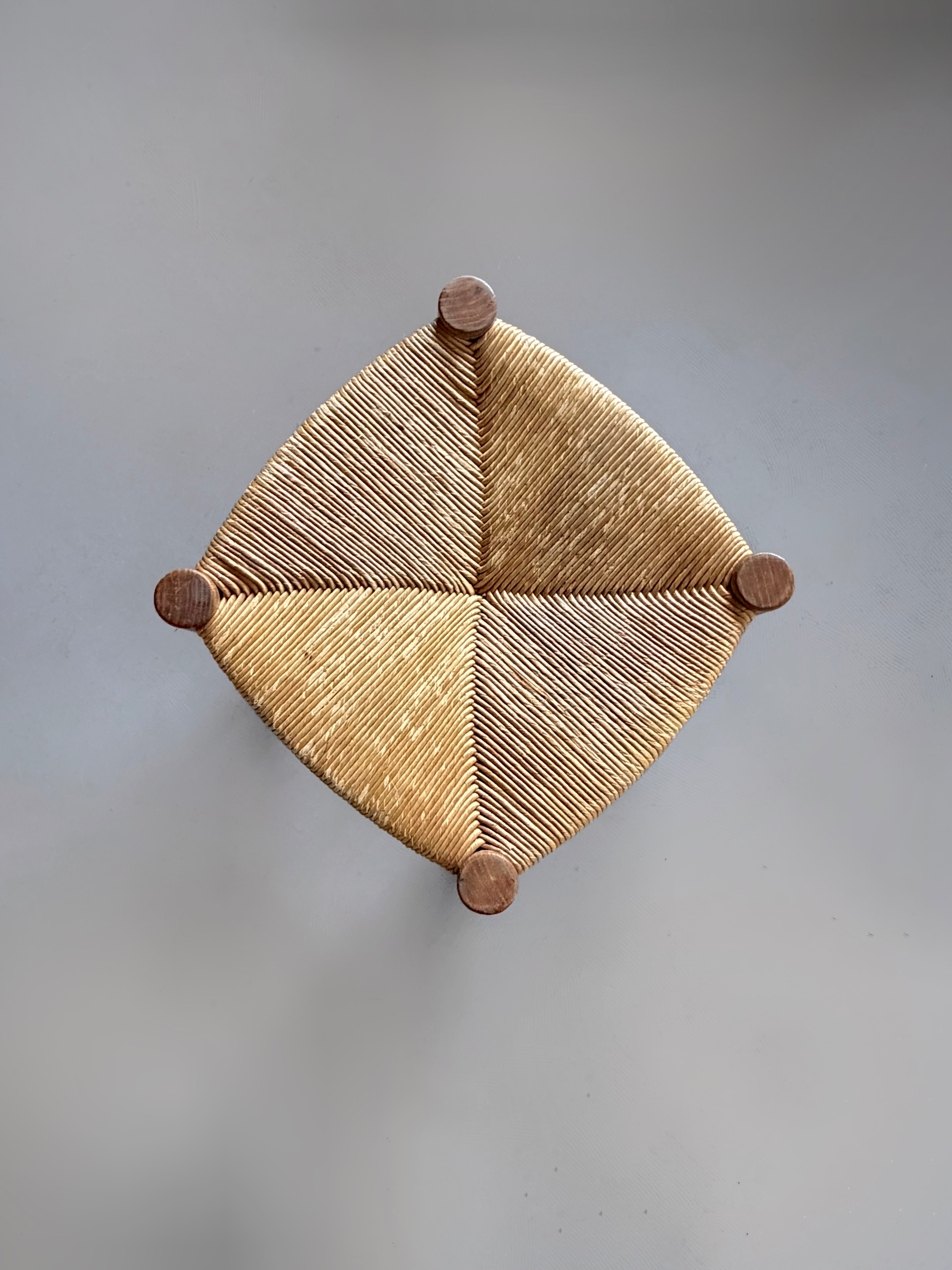 French Brutalist Wooden Stool with Handwoven Rush Seat, 1950s