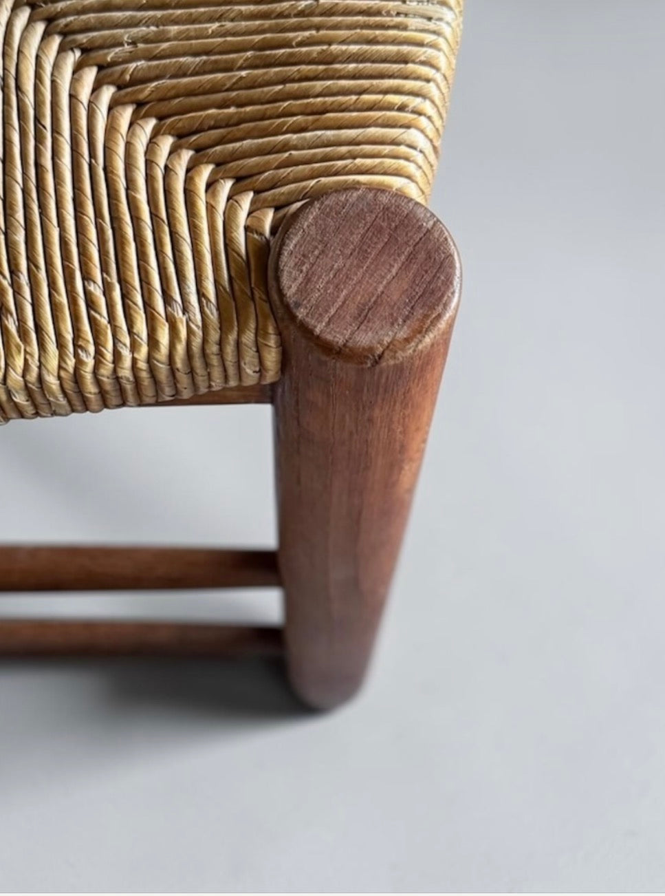 French Brutalist Wooden Stool with Handwoven Rush Seat, 1950s