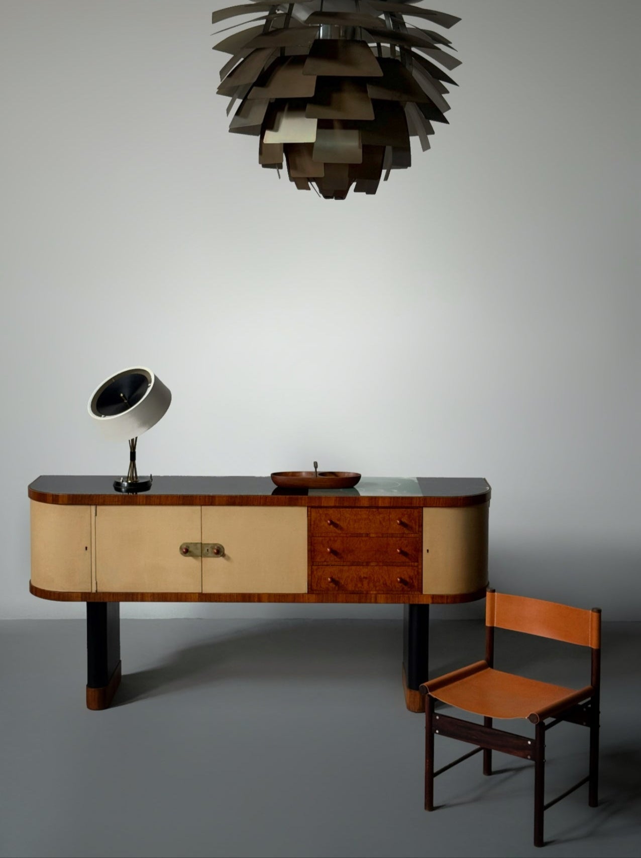 Torkov / unique Zebrano Sideboard on two black lacquered, oval pillar-legs, Denmark