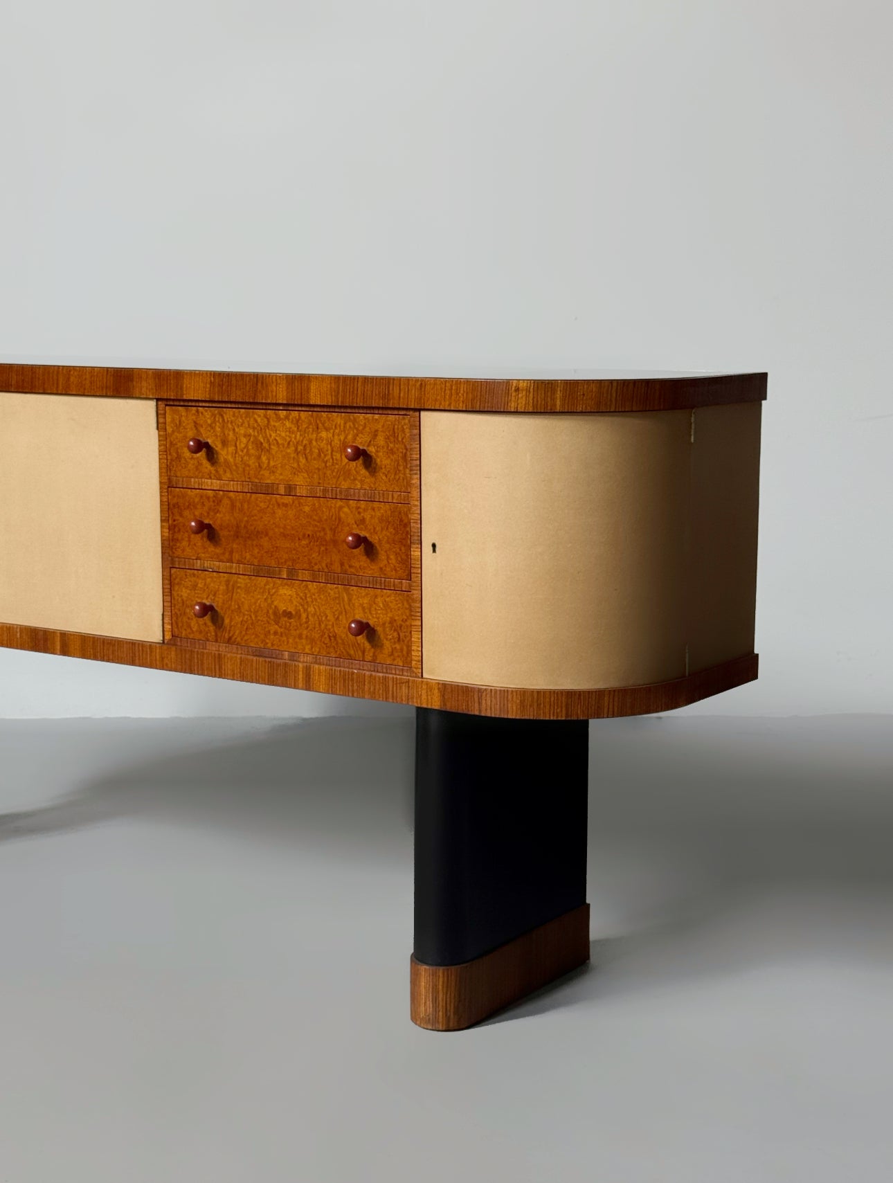 Torkov / unique Zebrano Sideboard on two black lacquered, oval pillar-legs, Denmark