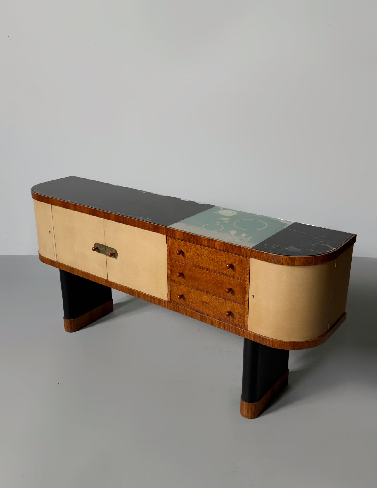 Torkov / unique Zebrano Sideboard on two black lacquered, oval pillar-legs, Denmark