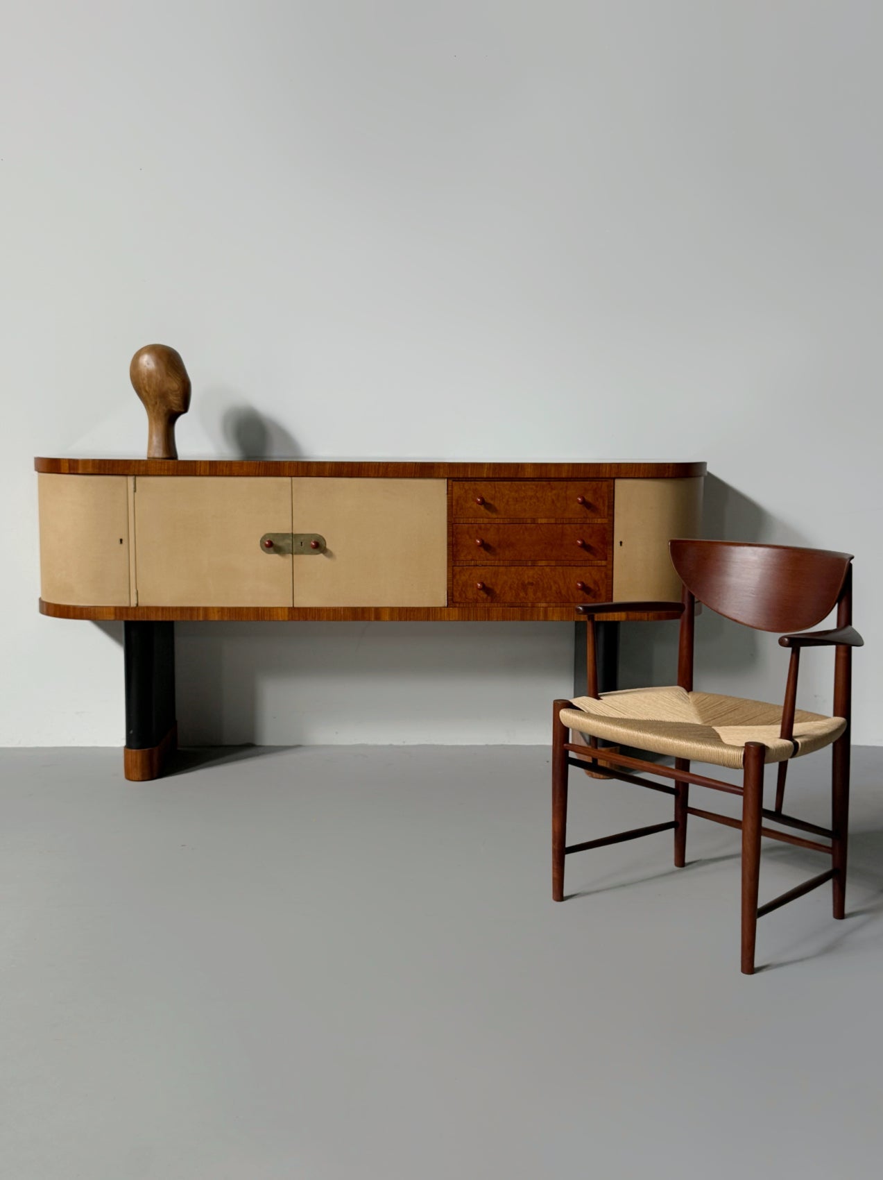 Torkov / unique Zebrano Sideboard on two black lacquered, oval pillar-legs, Denmark