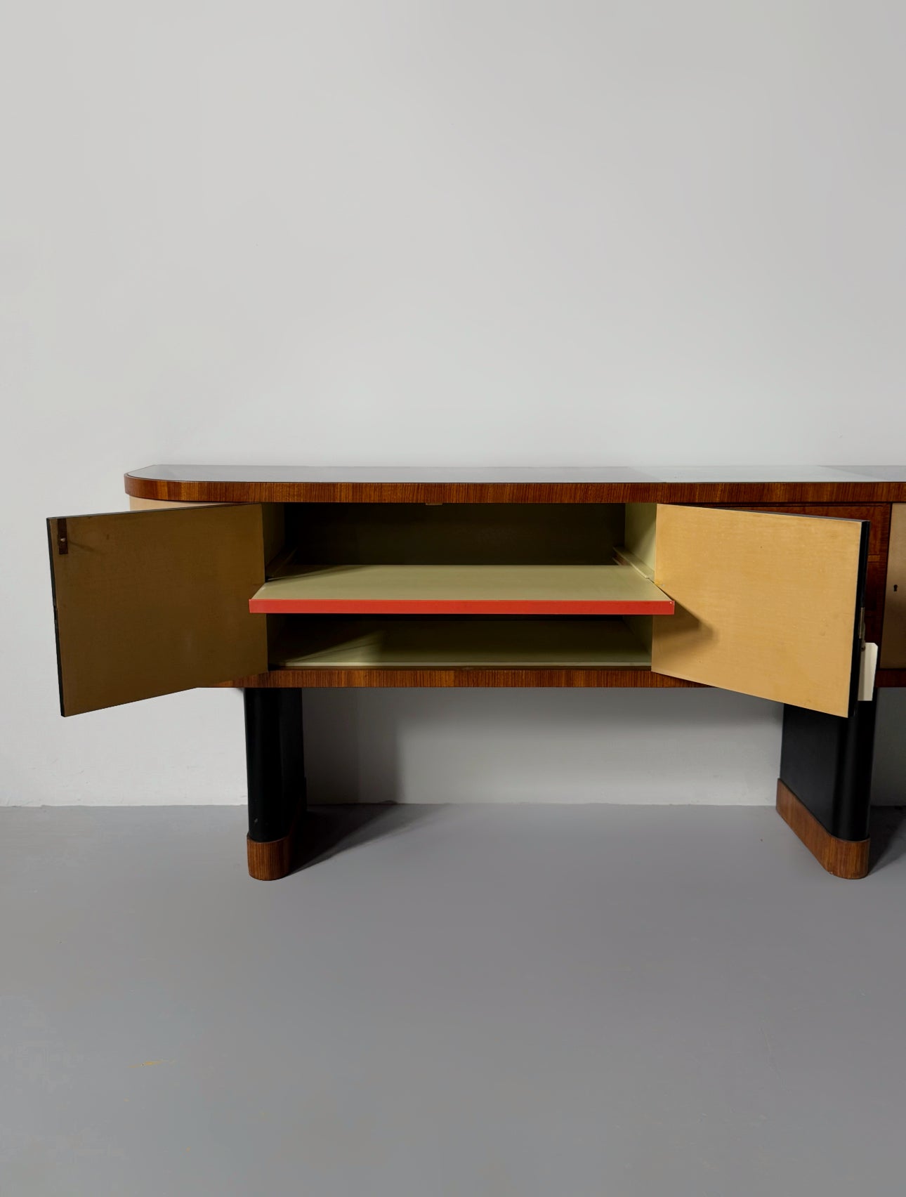 Torkov / unique Zebrano Sideboard on two black lacquered, oval pillar-legs, Denmark