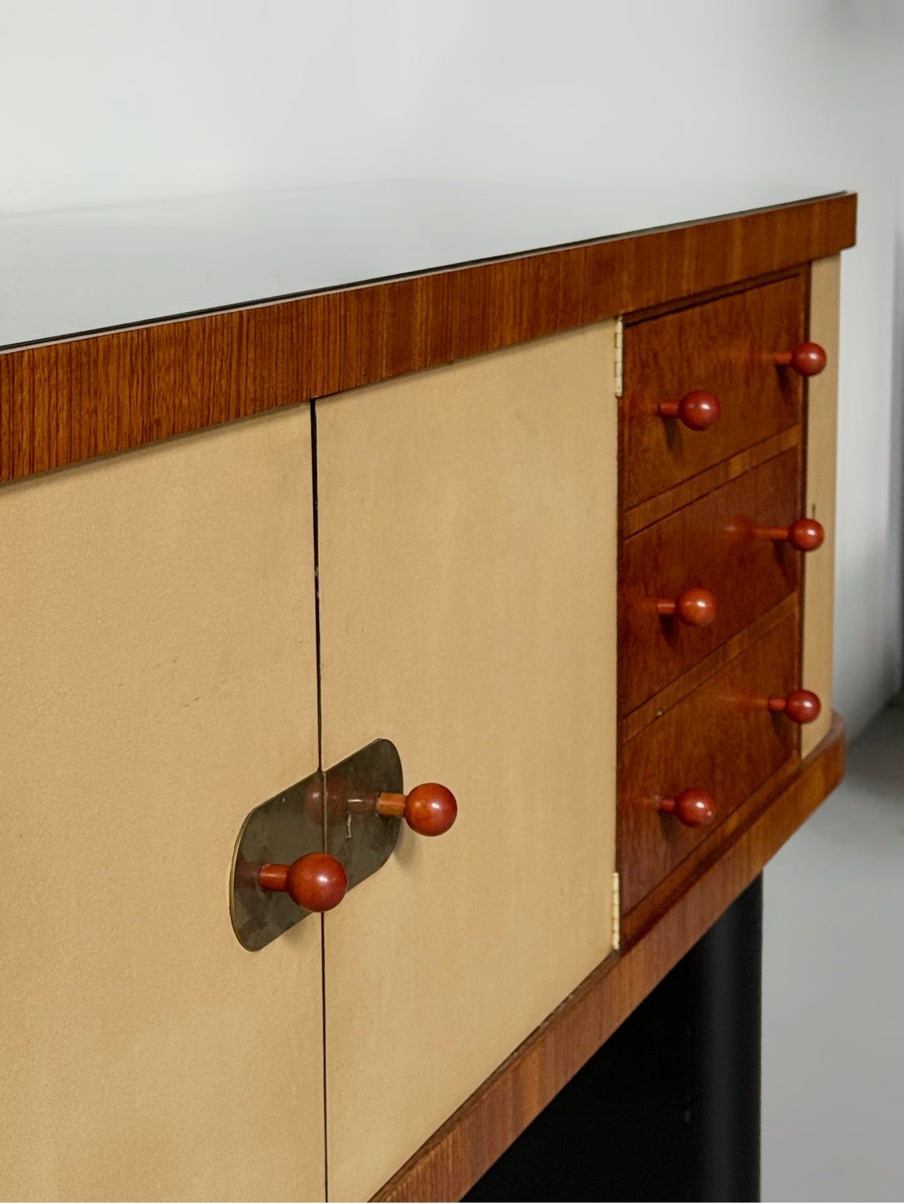 Torkov / unique Zebrano Sideboard on two black lacquered, oval pillar-legs, Denmark