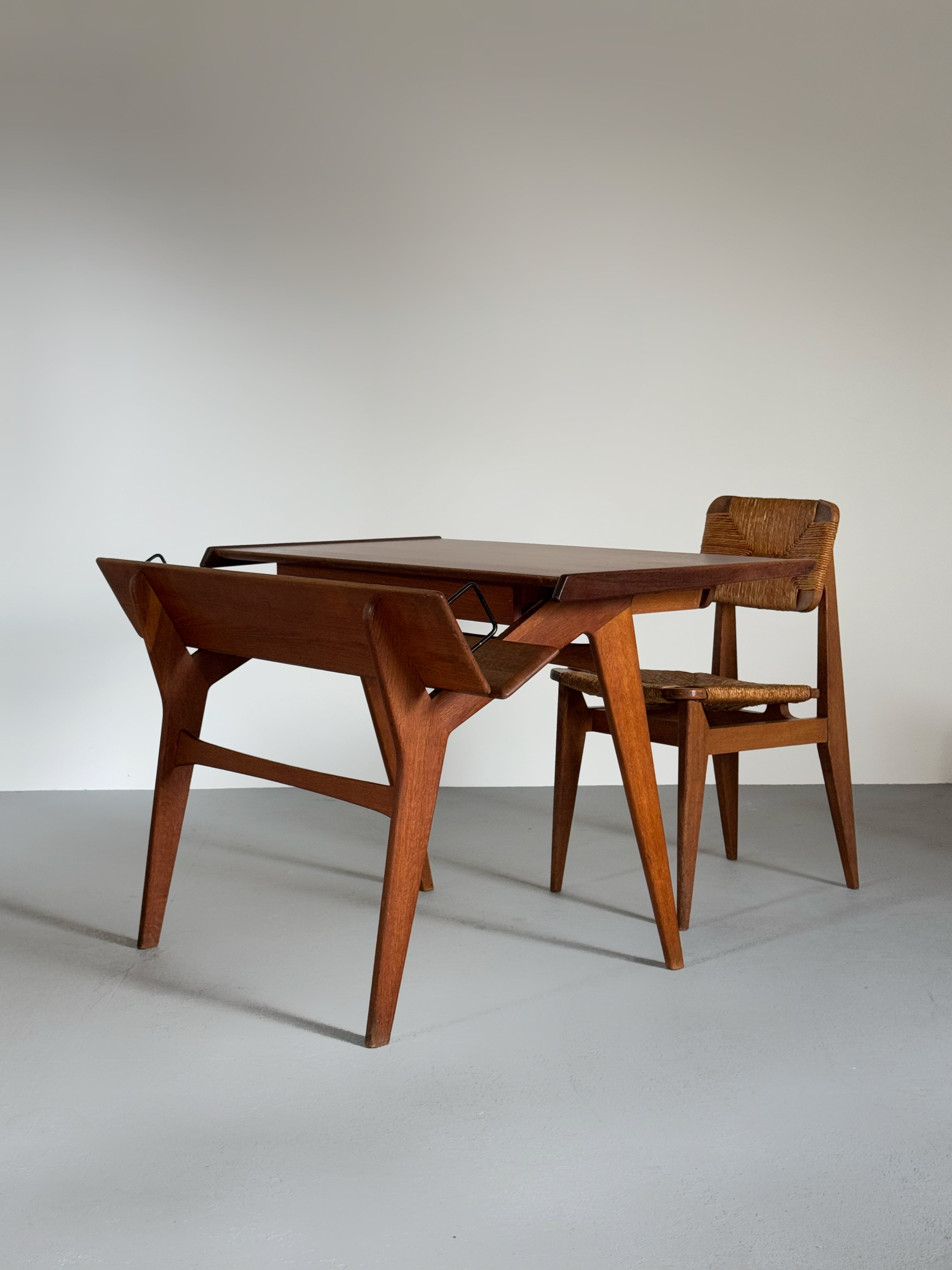 Oak desk with teak top by Marcel Gascoin(ATTR.) & Model “C”Chair by Marcel Gascoin 1950s