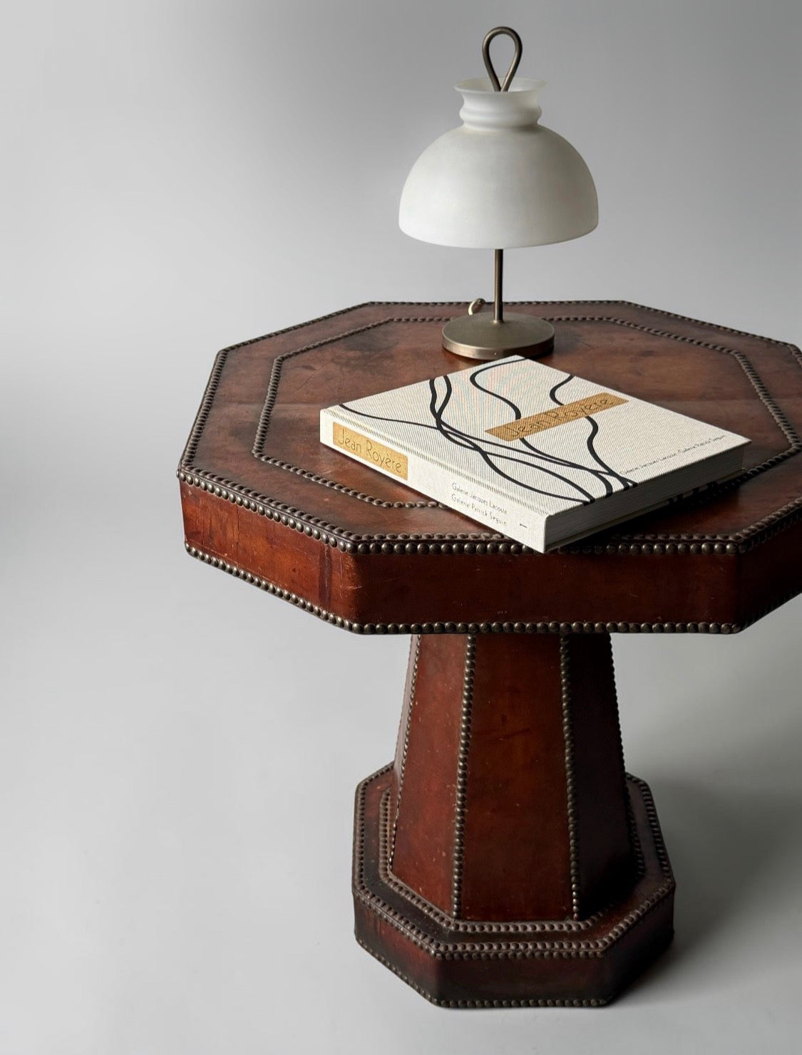 French Art Deco Studded Leather Bound Octagonal Side Table, 1920s