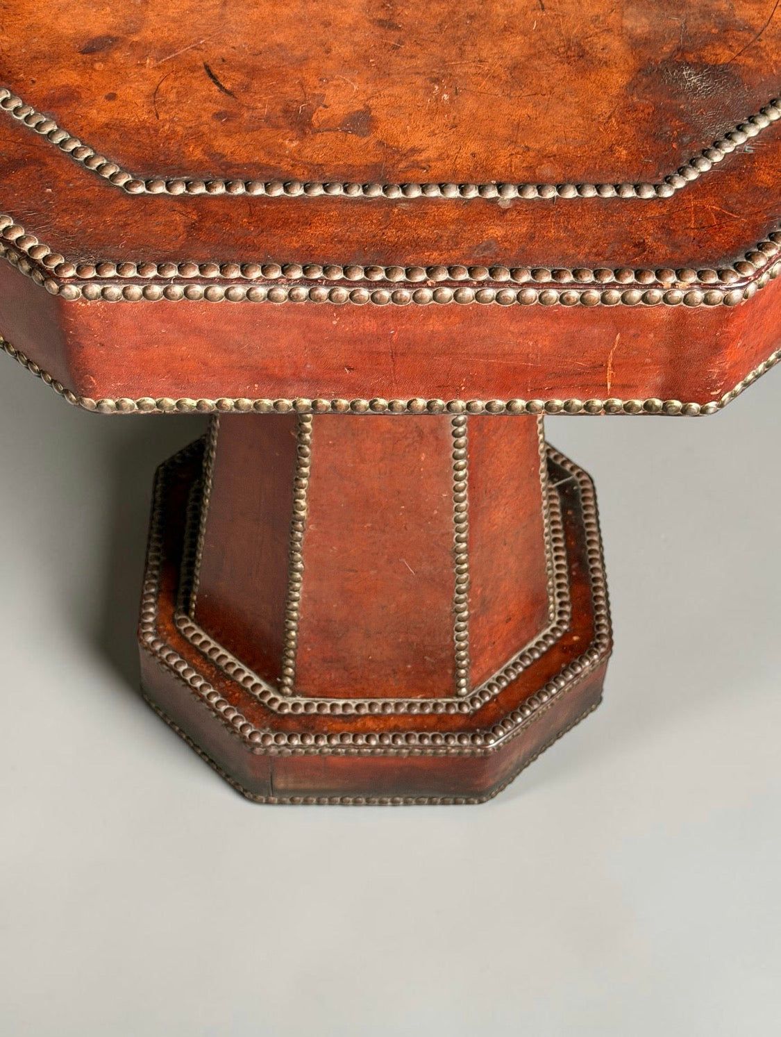 French Art Deco Studded Leather Bound Octagonal Side Table, 1920s